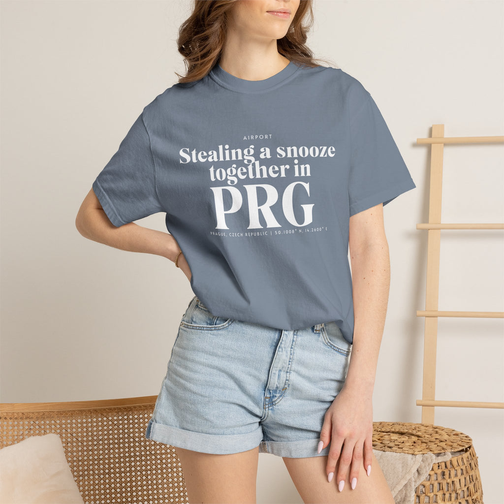 Stealing a snooze toghether in PRG airport, Prague, Czech Republic tee