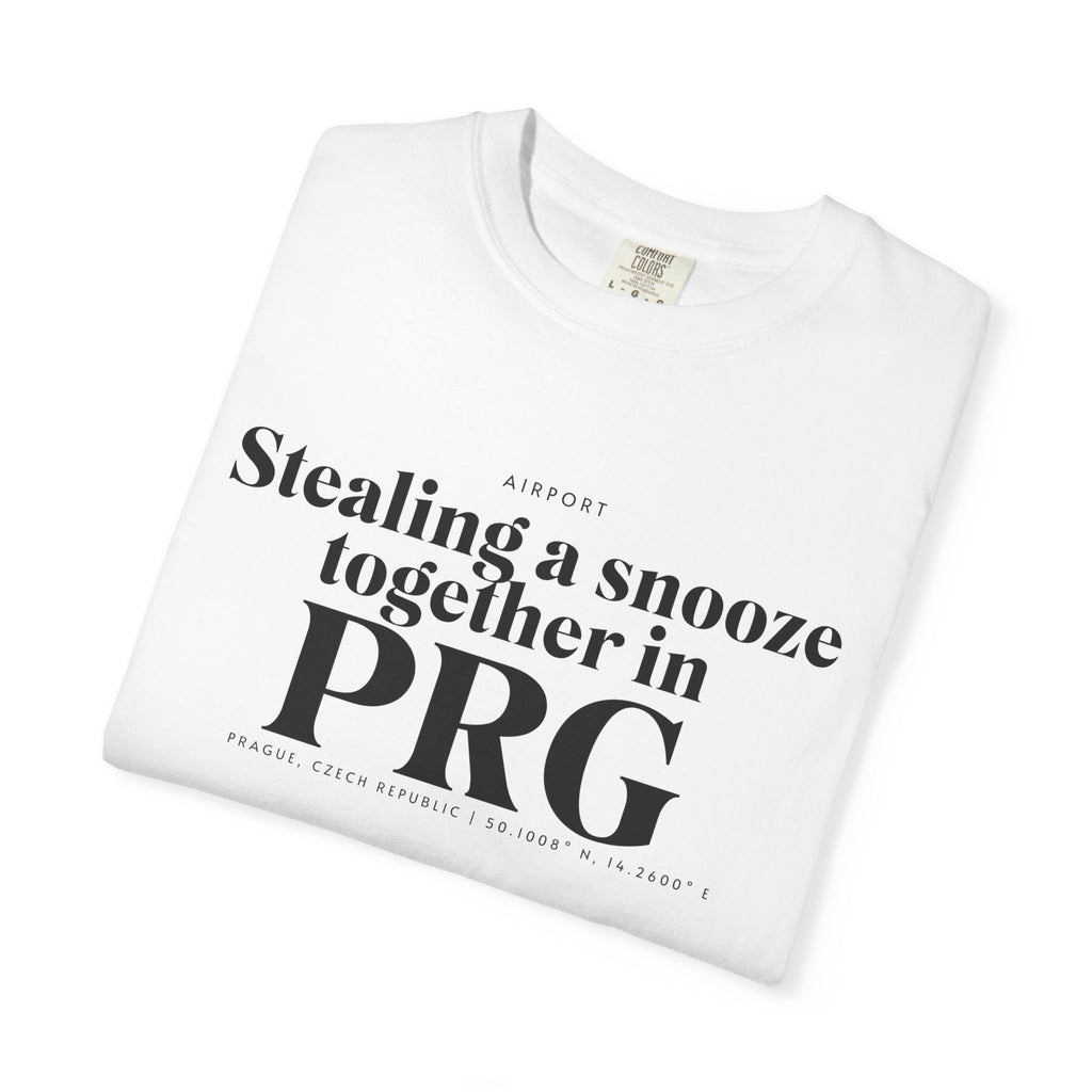 Stealing a snooze toghether in PRG airport, Prague, Czech Republic tee