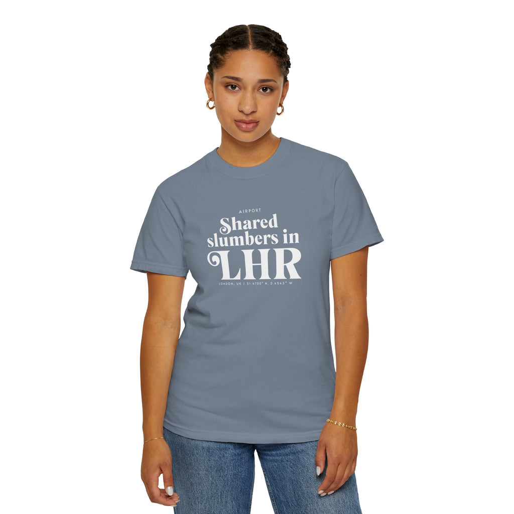 Shared slumbers in LHR airport, London, UK tee