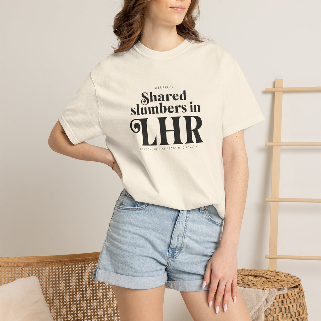 Shared slumbers in LHR airport, London, UK tee