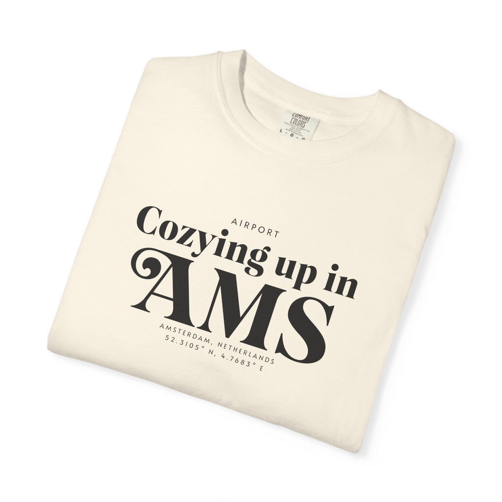 Cozying up in AMS airport, Amsterdam, Netherlands tee