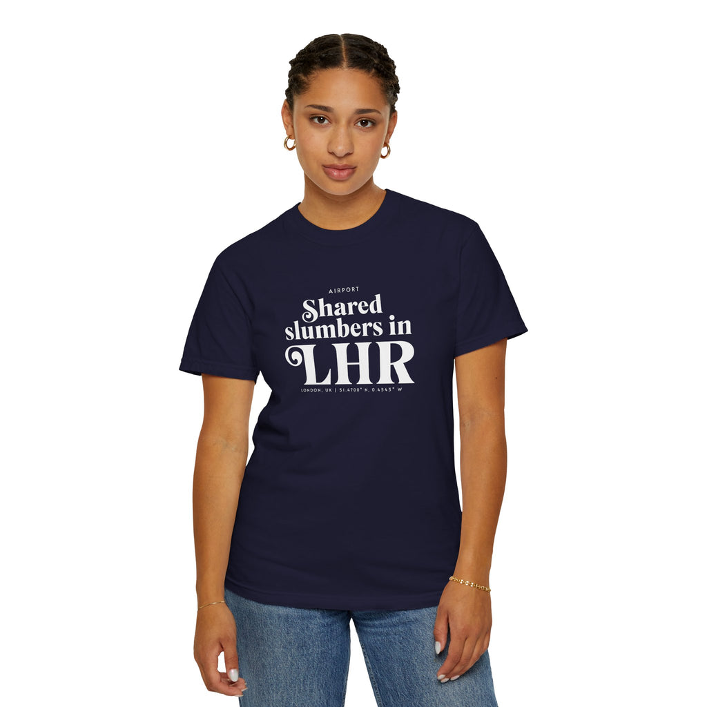 Shared slumbers in LHR airport, London, UK tee