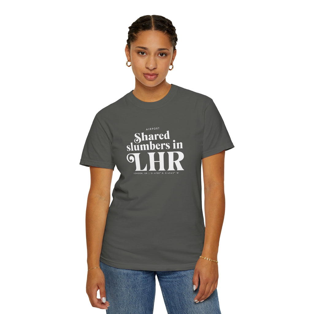 Shared slumbers in LHR airport, London, UK tee