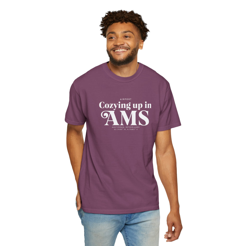 Cozying up in AMS airport, Amsterdam, Netherlands tee
