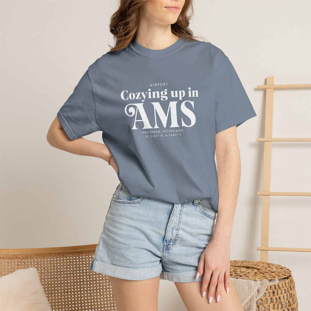 Cozying up in AMS airport, Amsterdam, Netherlands tee