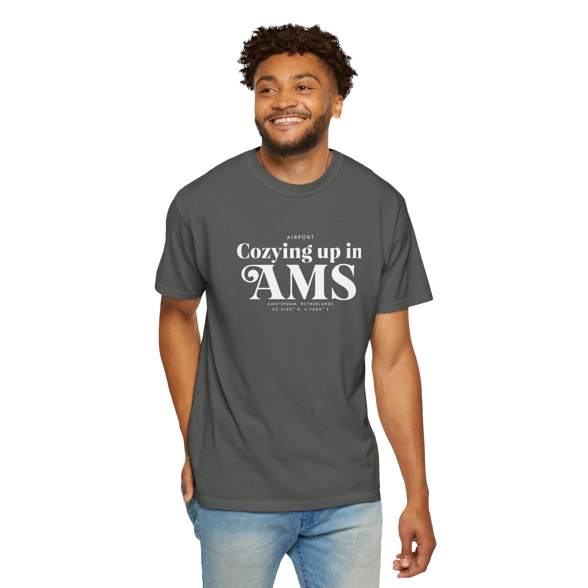 Cozying up in AMS airport, Amsterdam, Netherlands tee