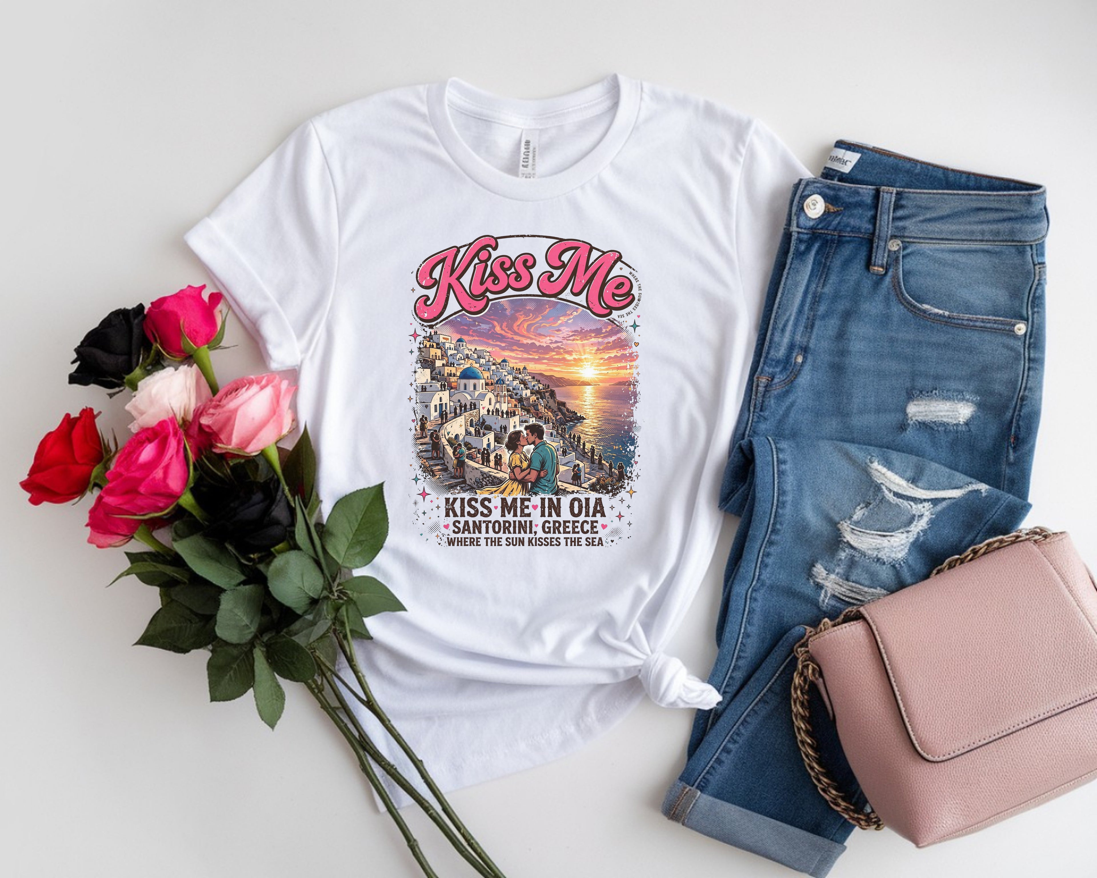Romantic Santorini Greece Sunset Tee