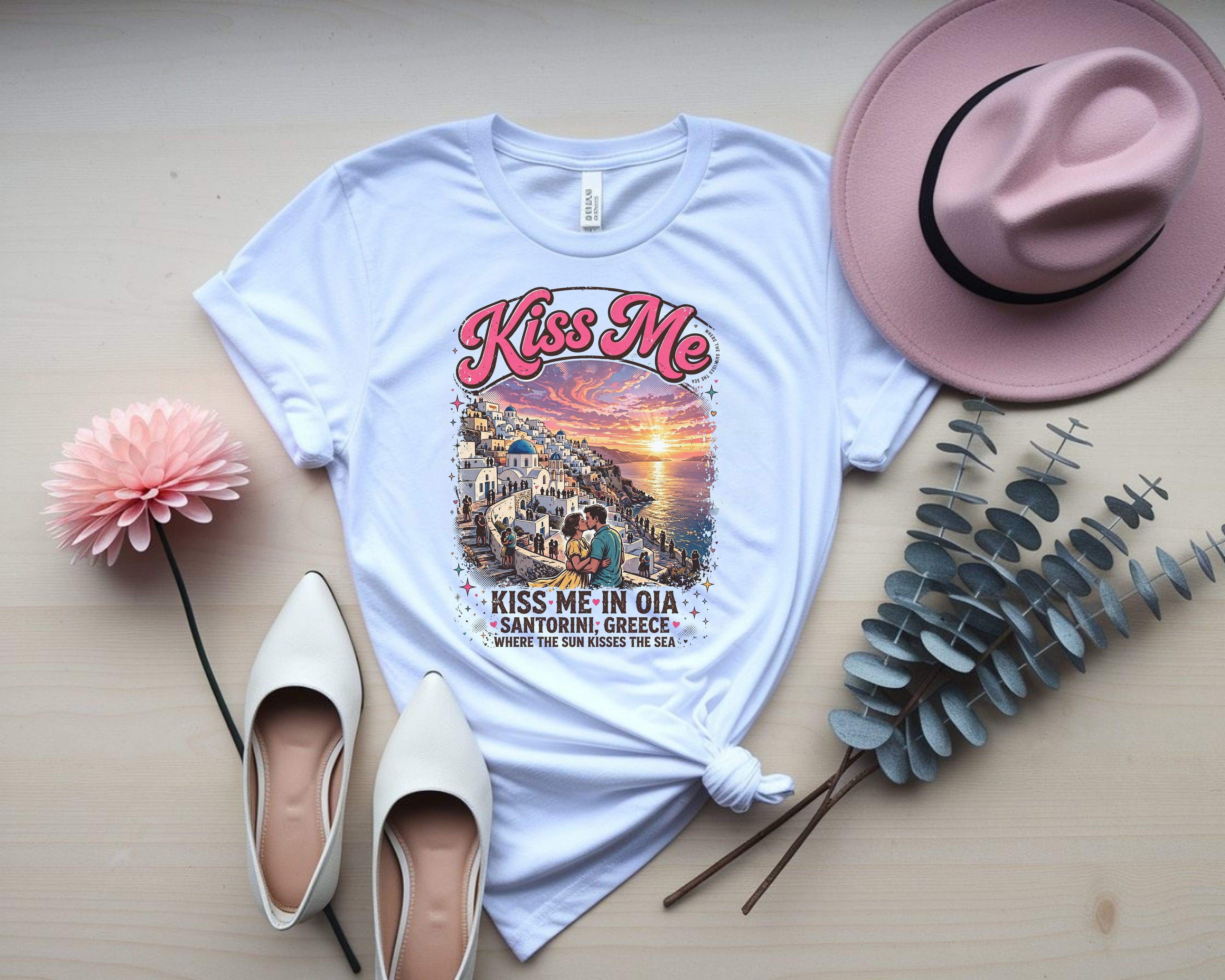 Romantic Santorini Greece Sunset Tee