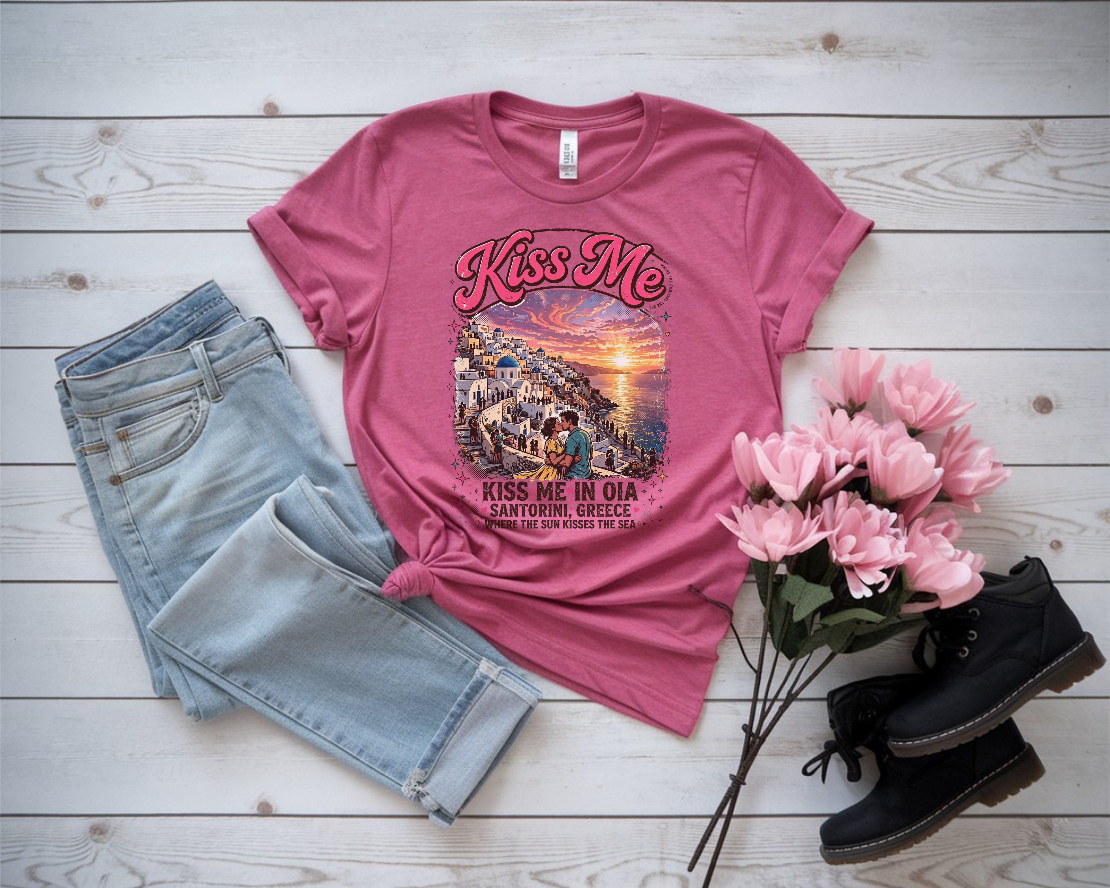 Romantic Santorini Greece Sunset Tee