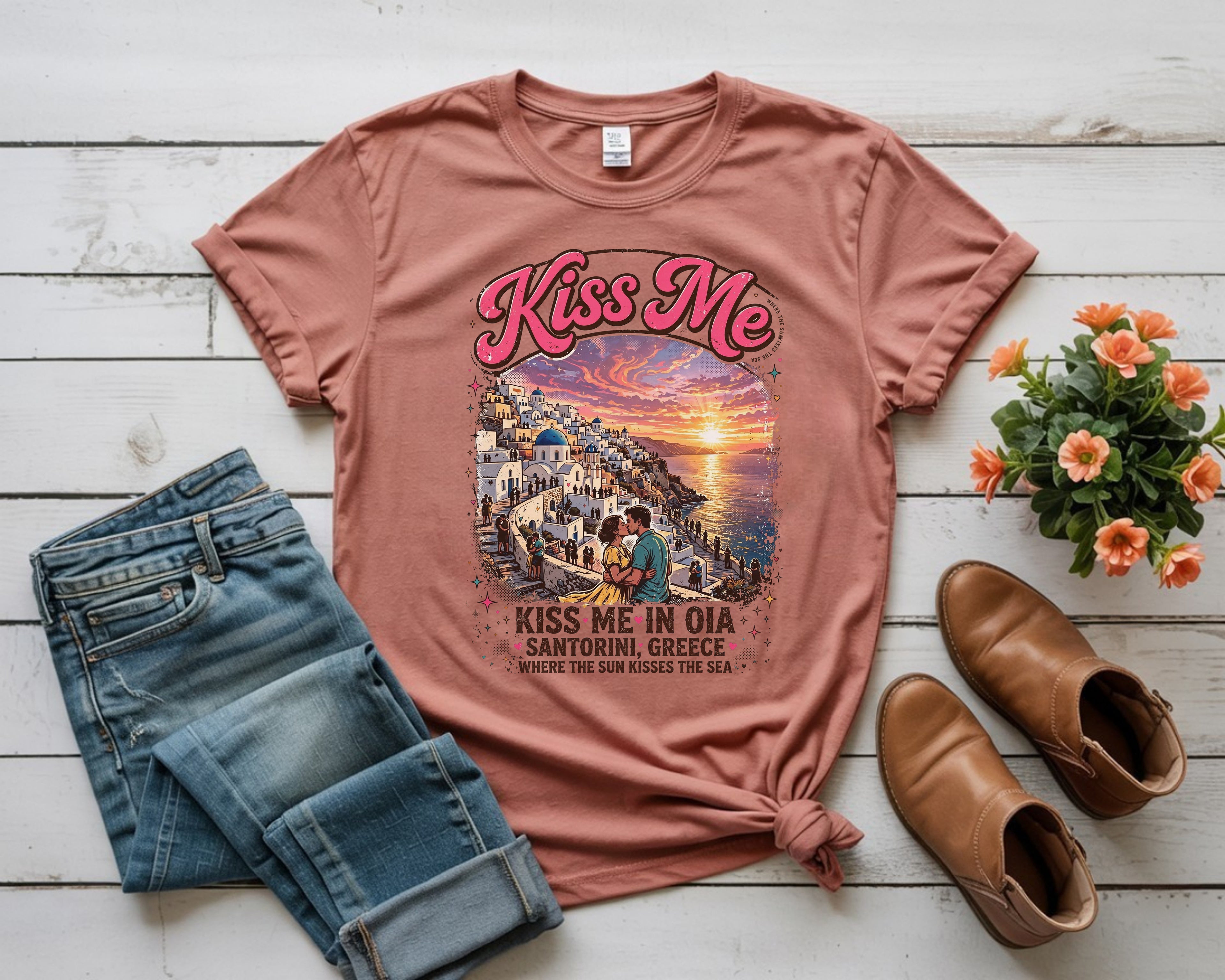 Romantic Santorini Greece Sunset Tee