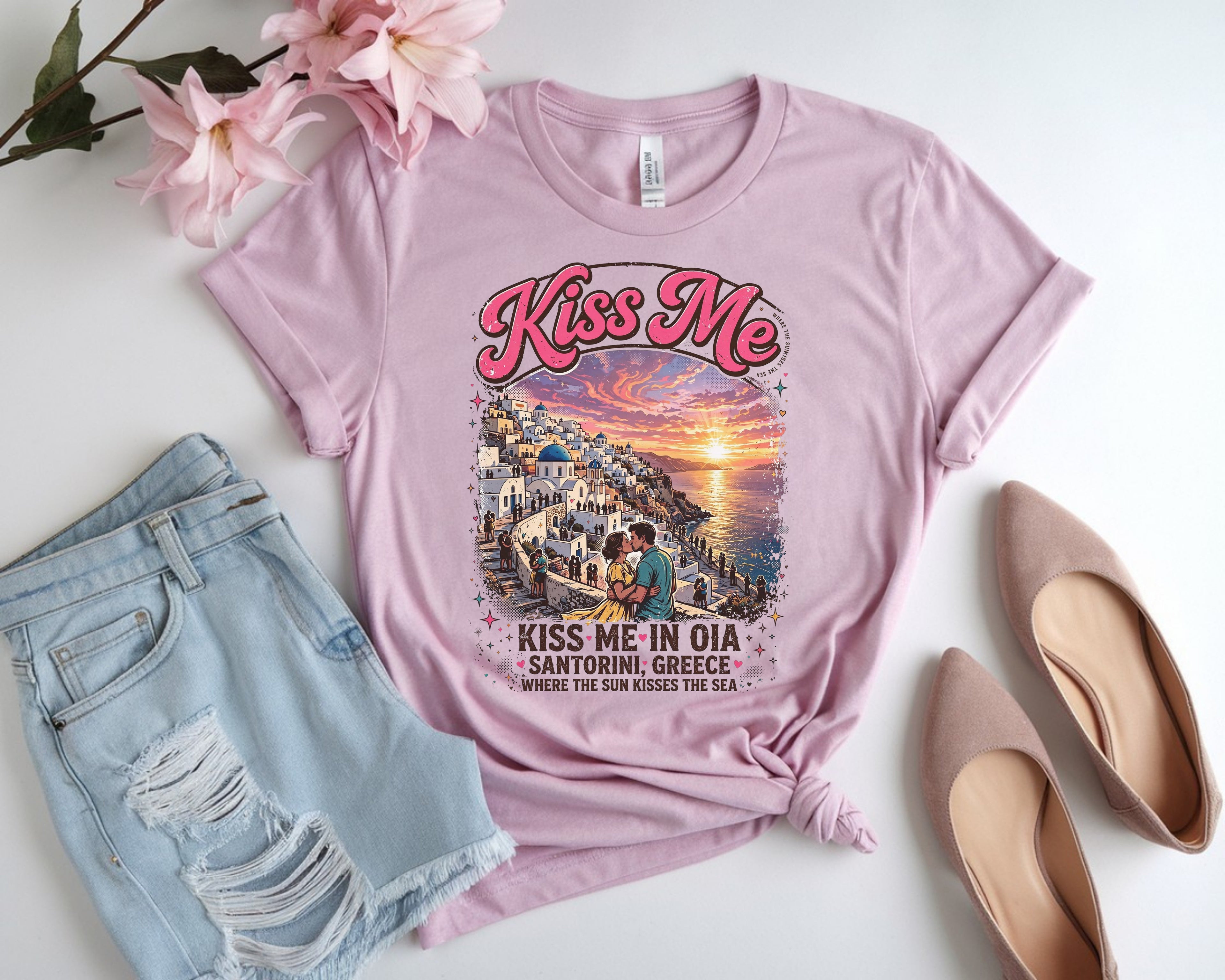 Romantic Santorini Greece Sunset Tee