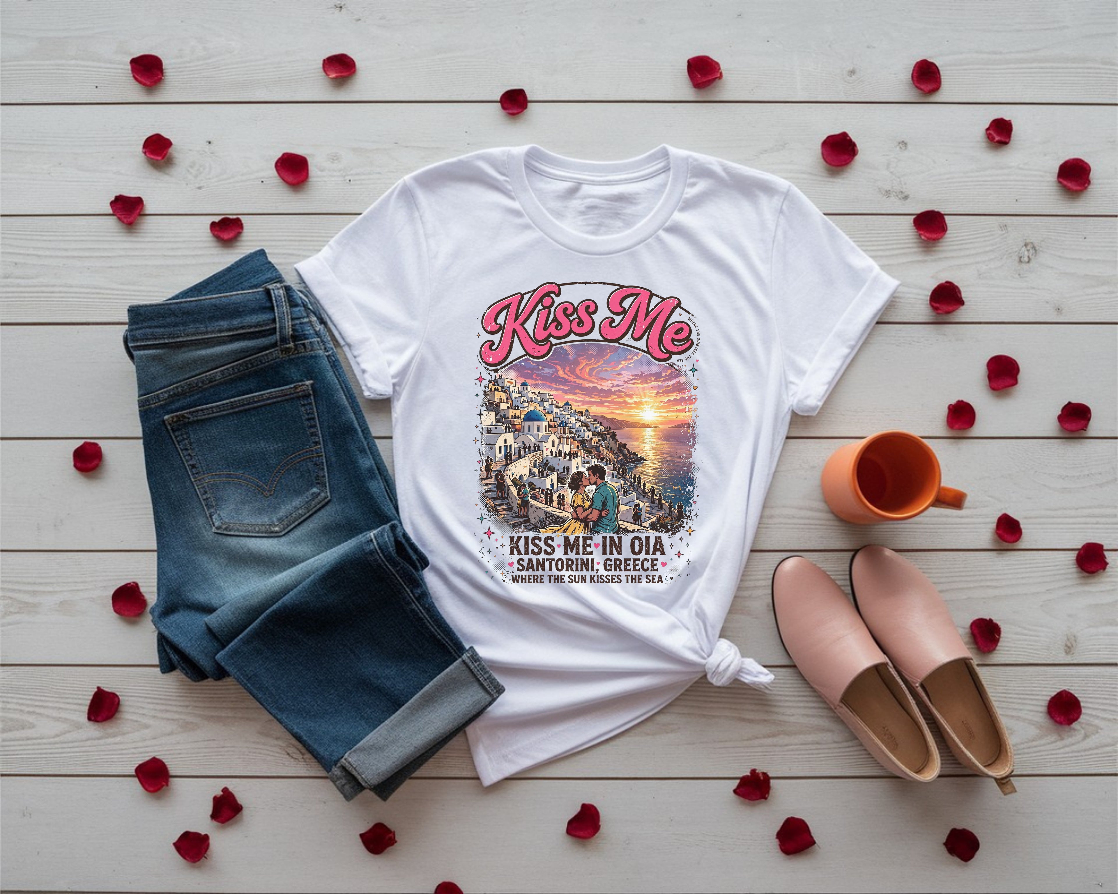 Romantic Santorini Greece Sunset Tee