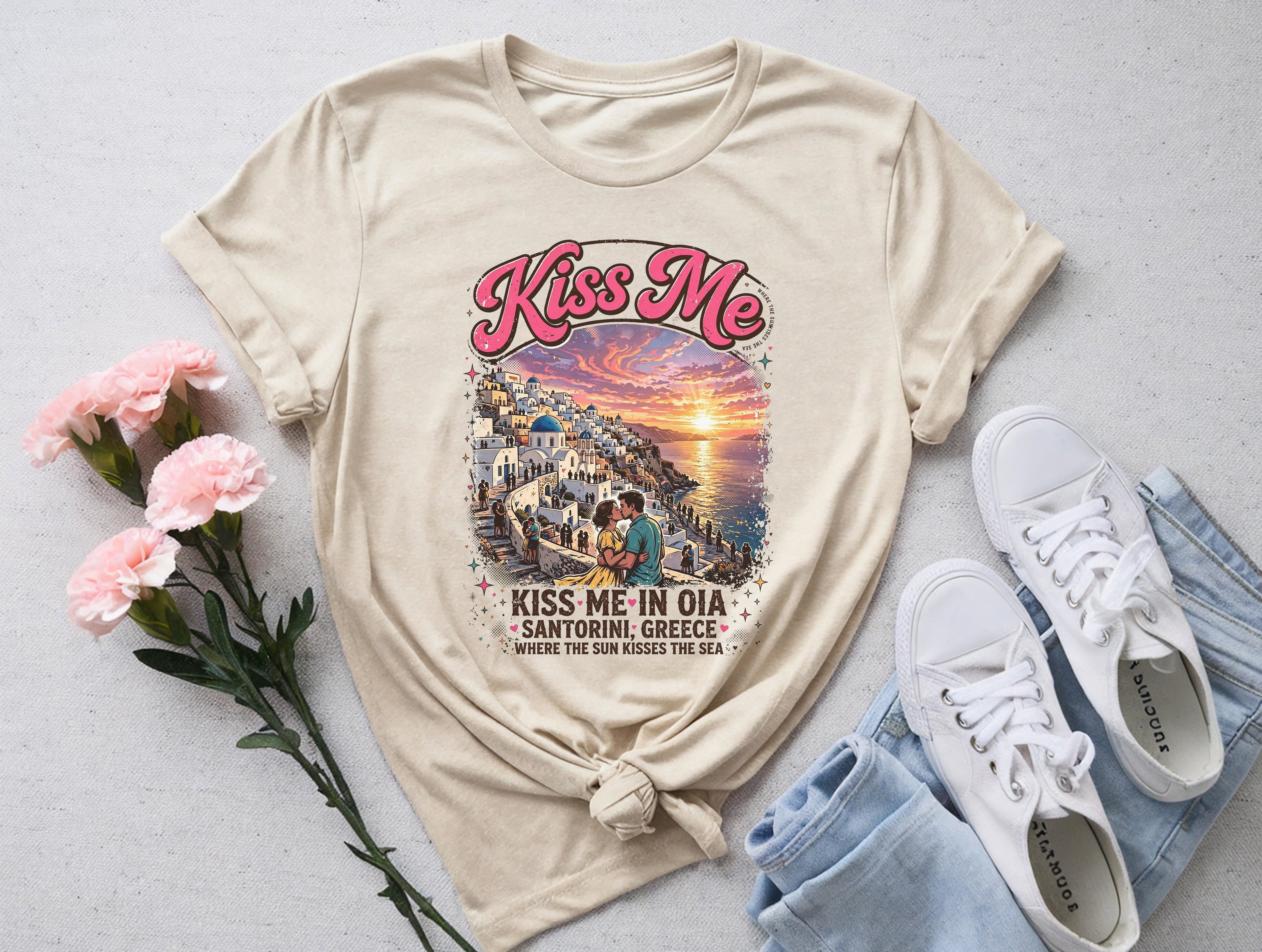 Romantic Santorini Greece Sunset Tee