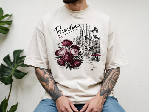 Barcelona Spain T-Shirt, Sagrada Familia Floral Tee, Peony Flowers Graphic Shirt, Travel Vacation Gift for Her, Comfort Colors Unisex Tee