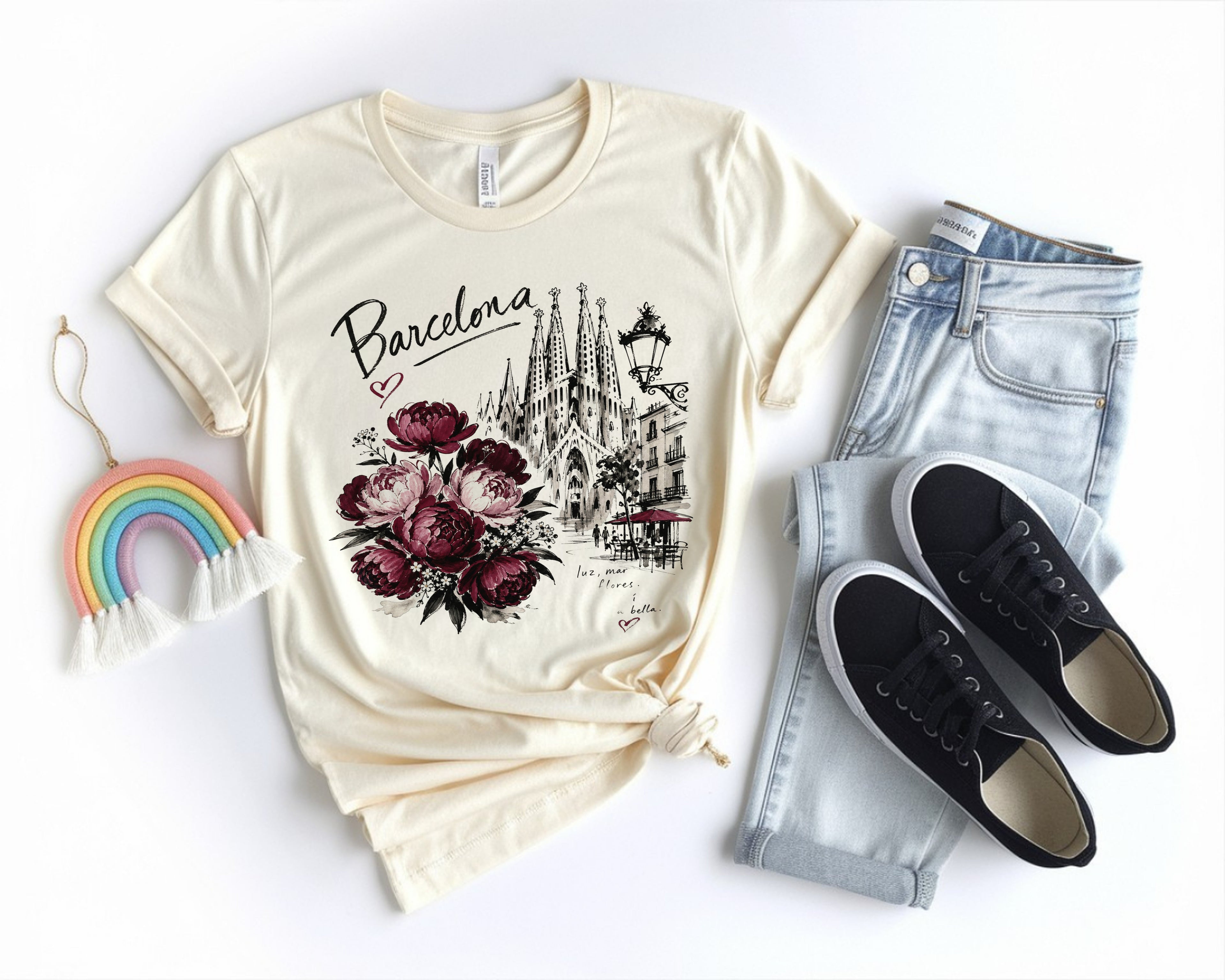 Barcelona Spain T-Shirt, Sagrada Familia Floral Tee, Peony Flowers Graphic Shirt, Travel Vacation Gift for Her, Comfort Colors Unisex Tee