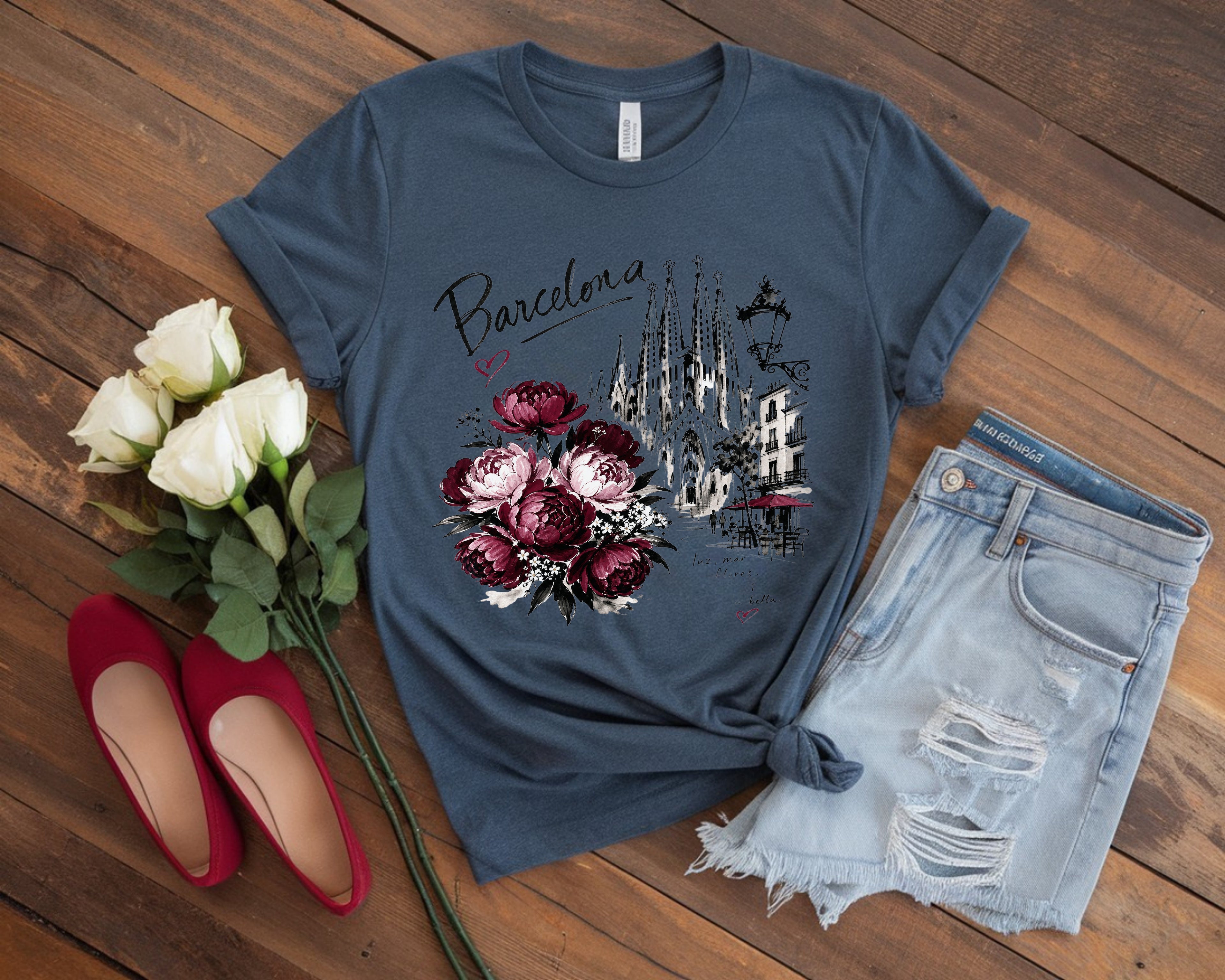 Barcelona Spain T-Shirt, Sagrada Familia Floral Tee, Peony Flowers Graphic Shirt, Travel Vacation Gift for Her, Comfort Colors Unisex Tee
