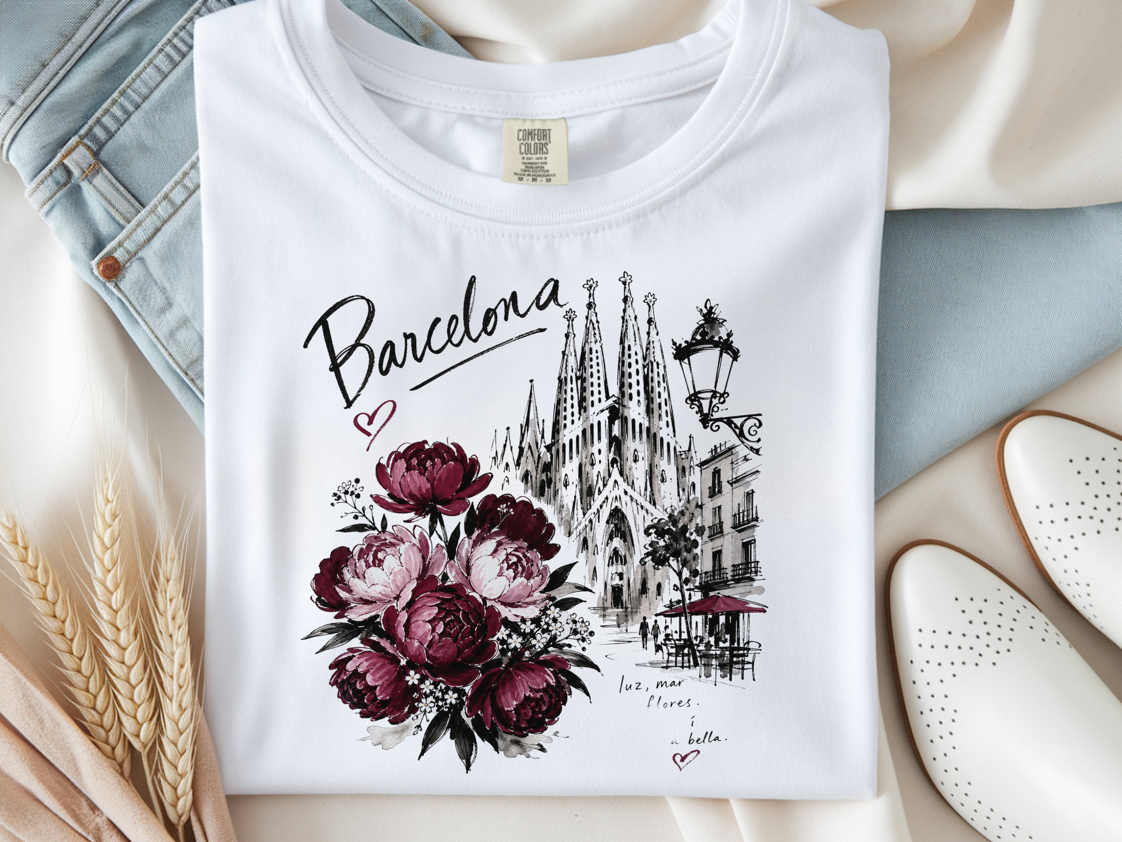 Barcelona Spain T-Shirt, Sagrada Familia Floral Tee, Peony Flowers Graphic Shirt, Travel Vacation Gift for Her, Comfort Colors Unisex Tee