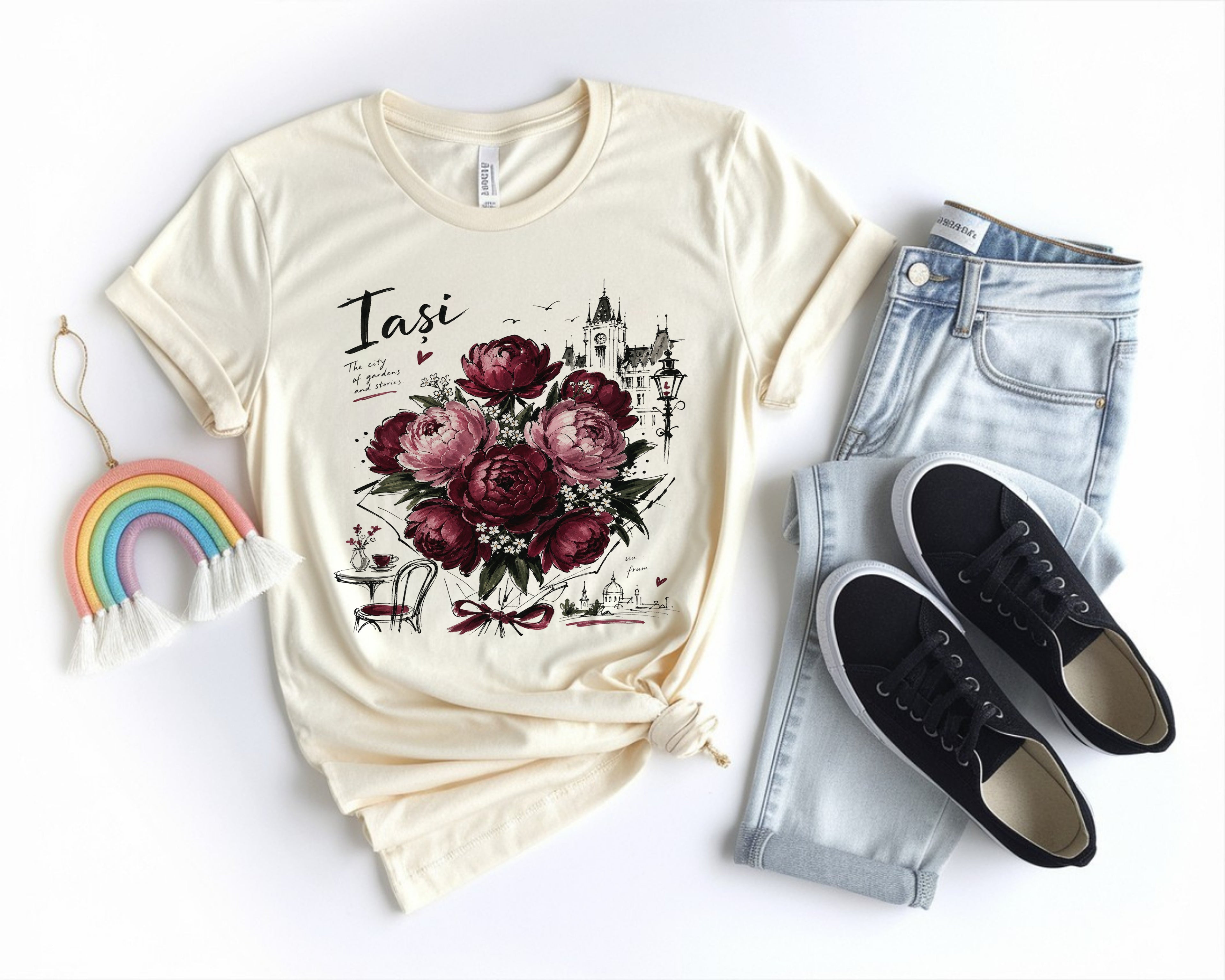 Iasi Peony Floral T-Shirt, Botanical Graphic Tee, Vintage City Sketch Art, Romania Travel Aesthetic Shirt, Gift For Her, Comfort Colors Tee