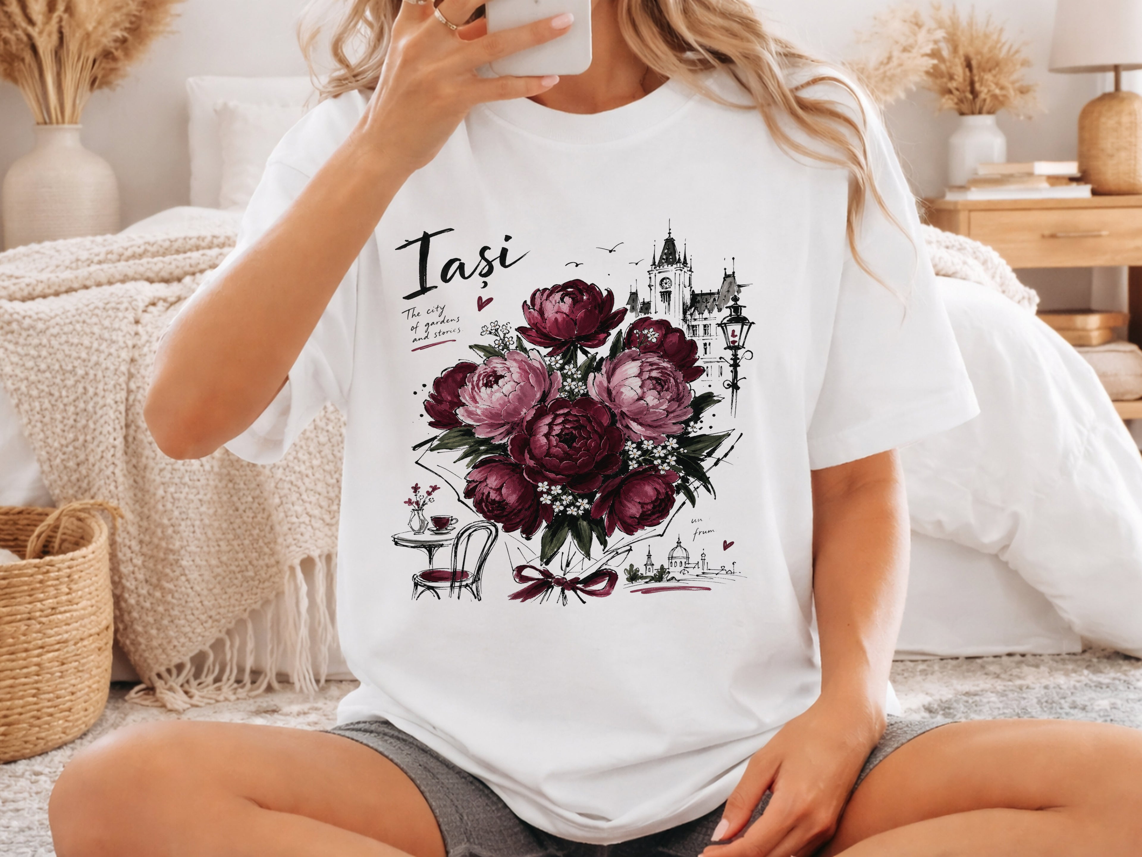 Iasi Peony Floral T-Shirt, Botanical Graphic Tee, Vintage City Sketch Art, Romania Travel Aesthetic Shirt, Gift For Her, Comfort Colors Tee