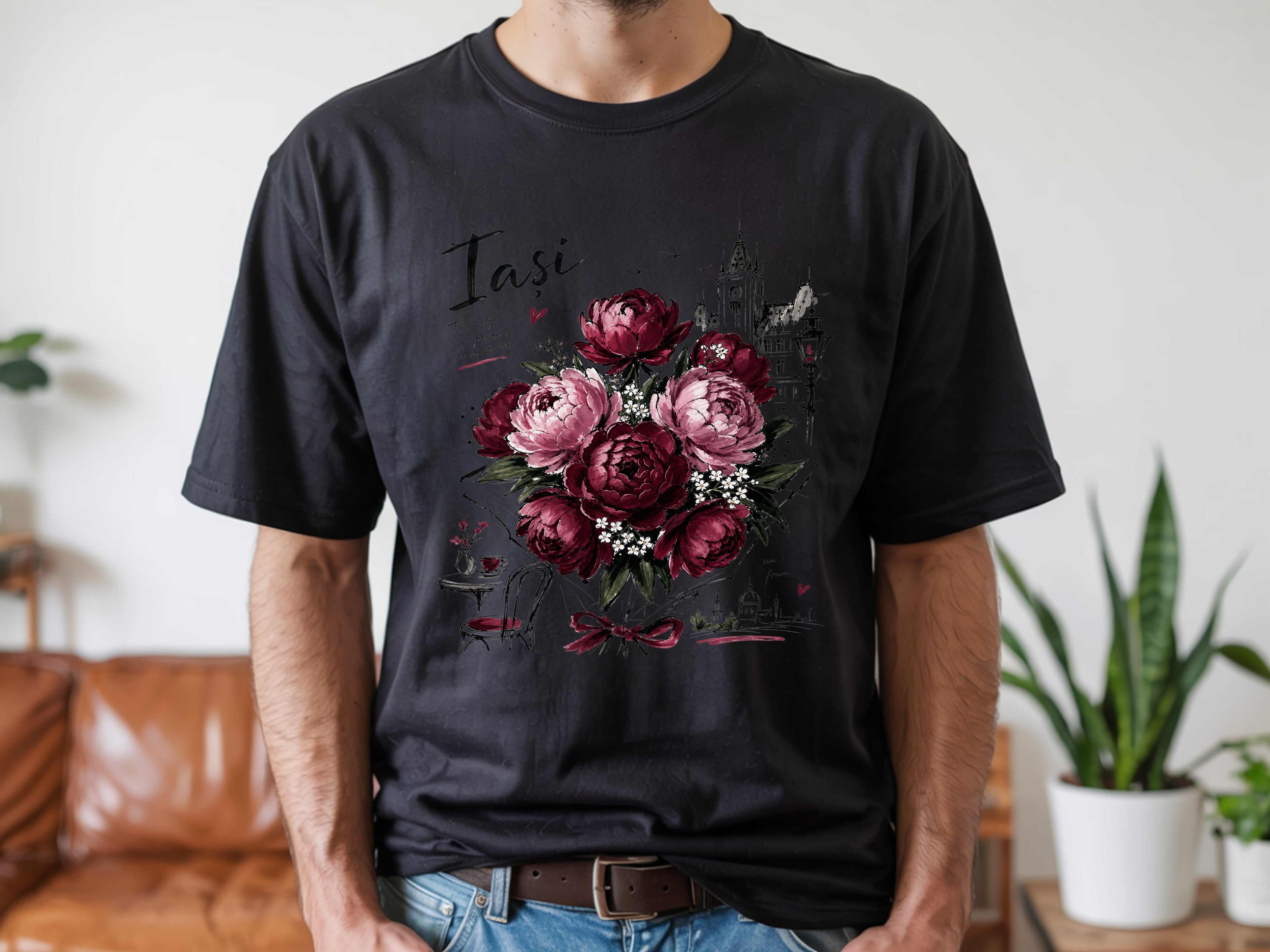 Iasi Peony Floral T-Shirt, Botanical Graphic Tee, Vintage City Sketch Art, Romania Travel Aesthetic Shirt, Gift For Her, Comfort Colors Tee