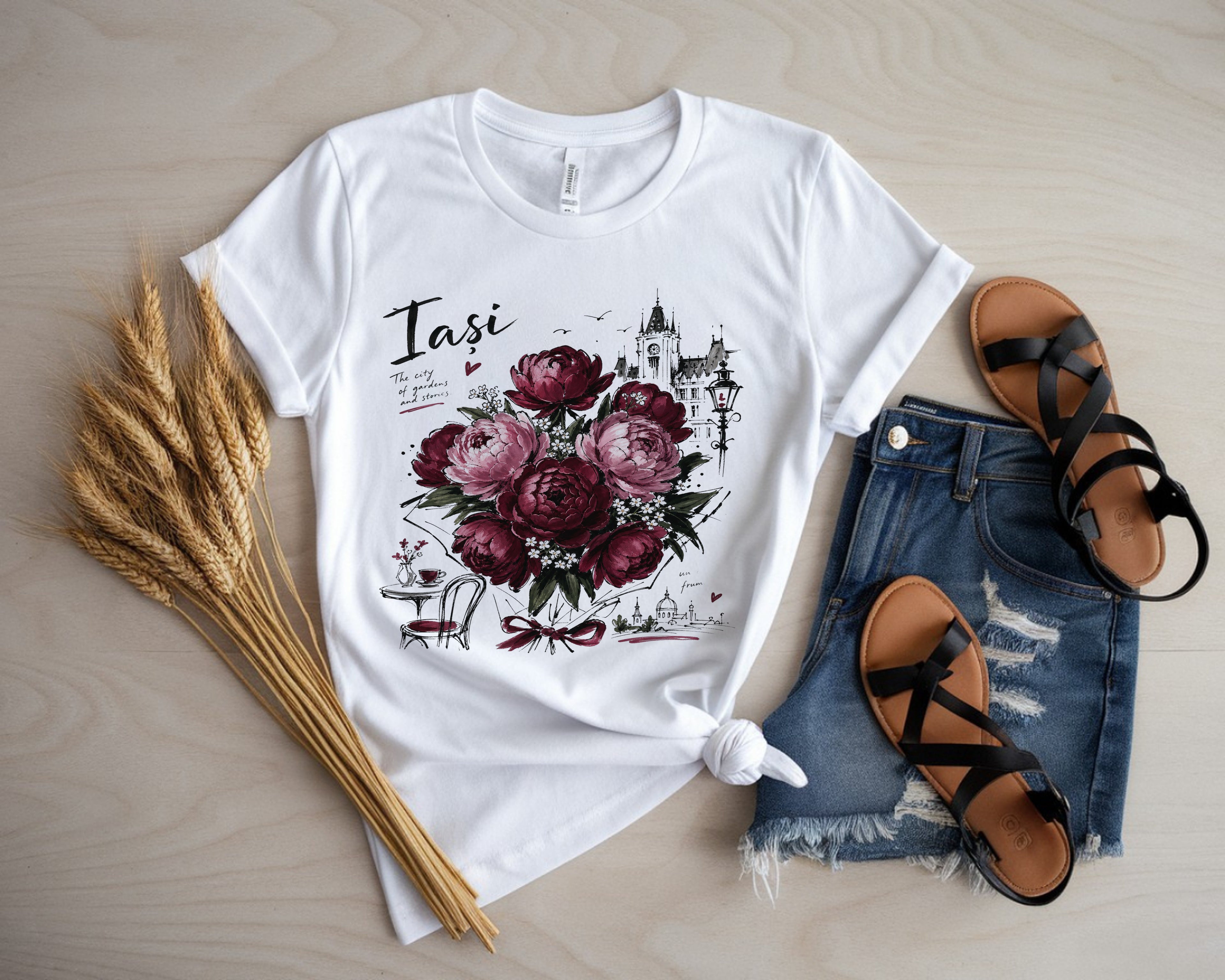 Iasi Peony Floral T-Shirt, Botanical Graphic Tee, Vintage City Sketch Art, Romania Travel Aesthetic Shirt, Gift For Her, Comfort Colors Tee