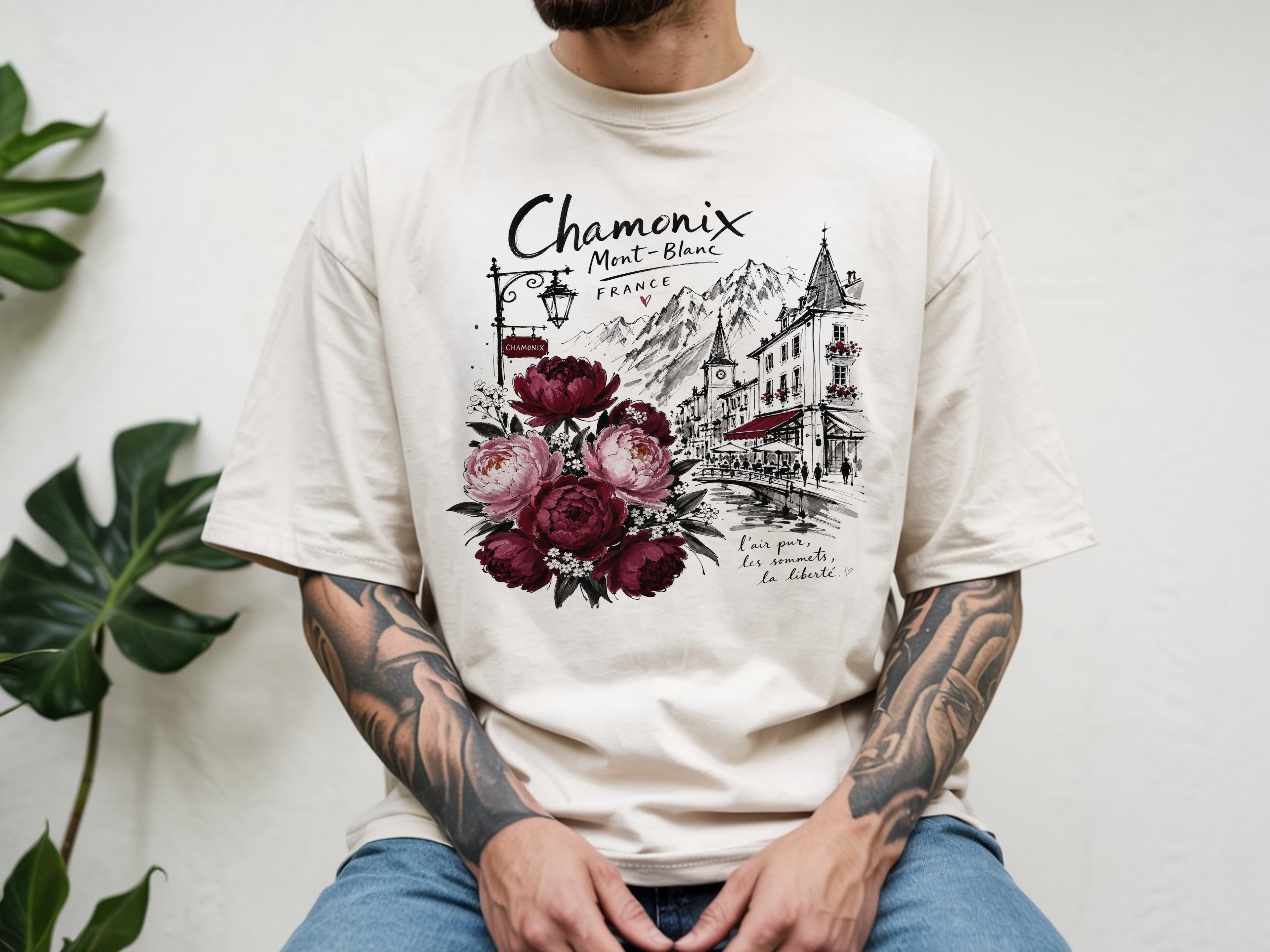 Chamonix Mont-Blanc France T-Shirt, Alpine Travel Graphic Tee, Botanical Peony Flowers Shirt, Wanderlust Gift for Her, Aesthetic Nature Top