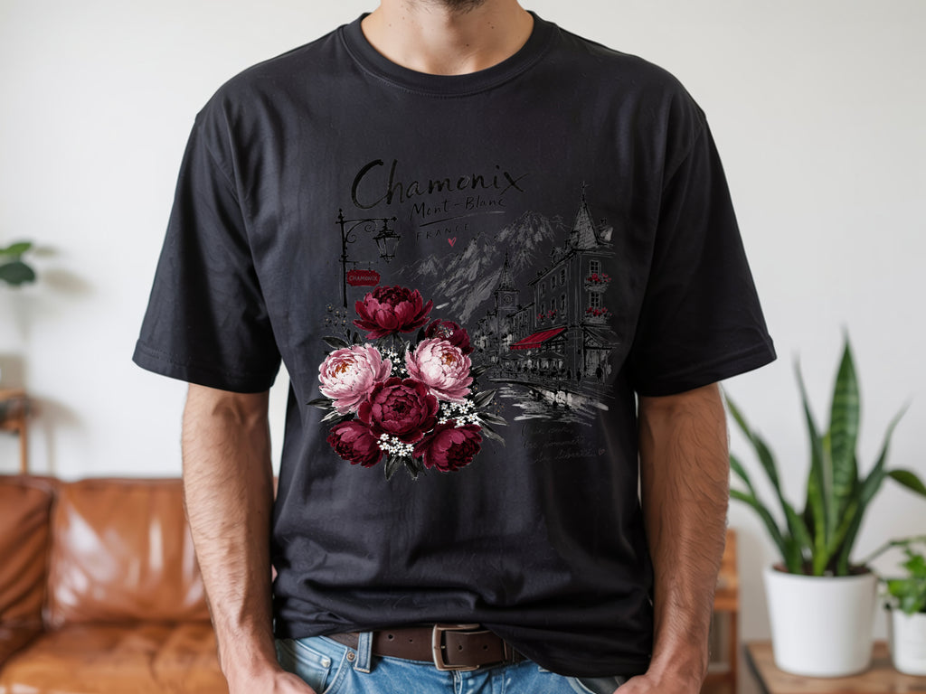 Chamonix Mont-Blanc France T-Shirt, Alpine Travel Graphic Tee, Botanical Peony Flowers Shirt, Wanderlust Gift for Her, Aesthetic Nature Top