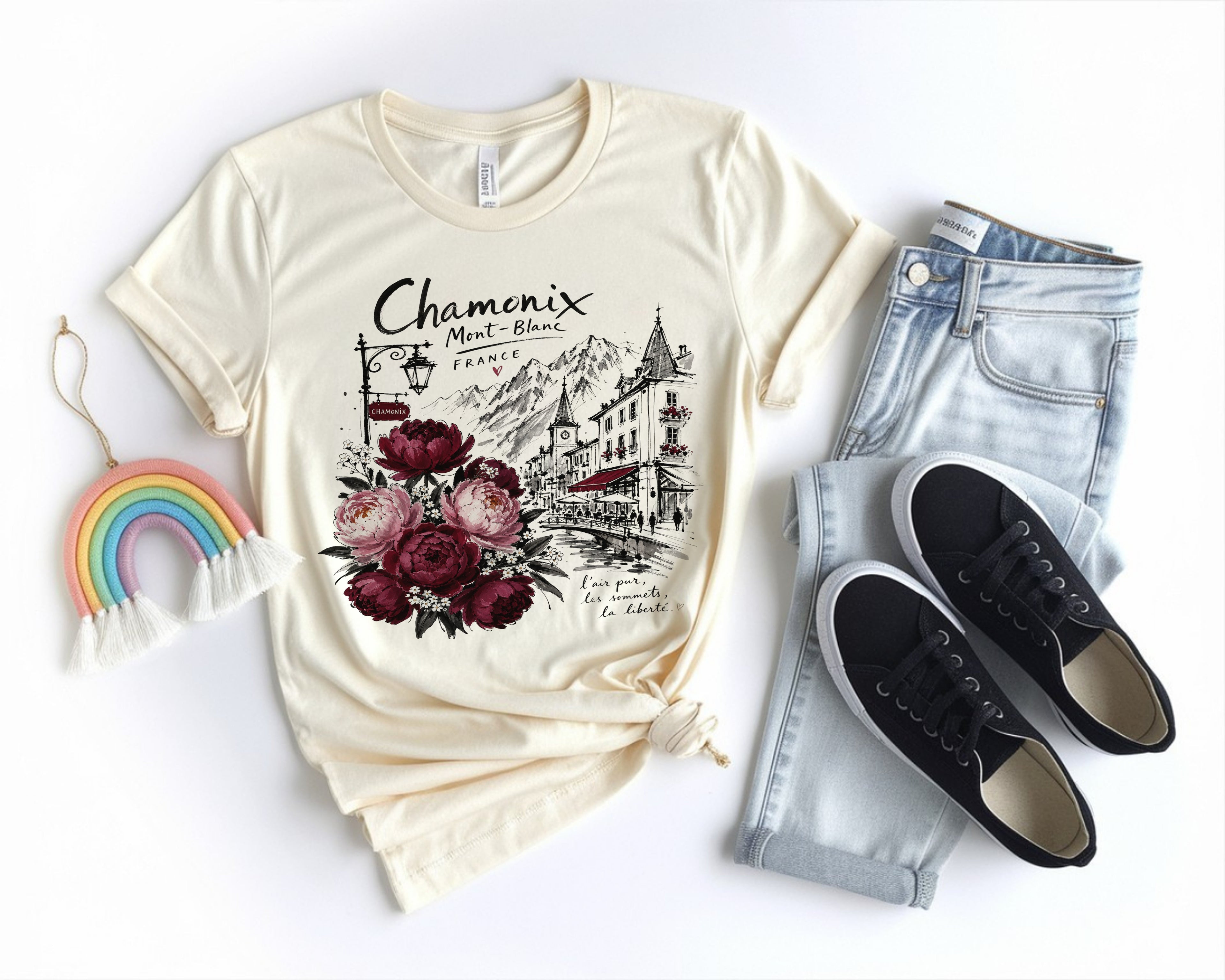 Chamonix Mont-Blanc France T-Shirt, Alpine Travel Graphic Tee, Botanical Peony Flowers Shirt, Wanderlust Gift for Her, Aesthetic Nature Top