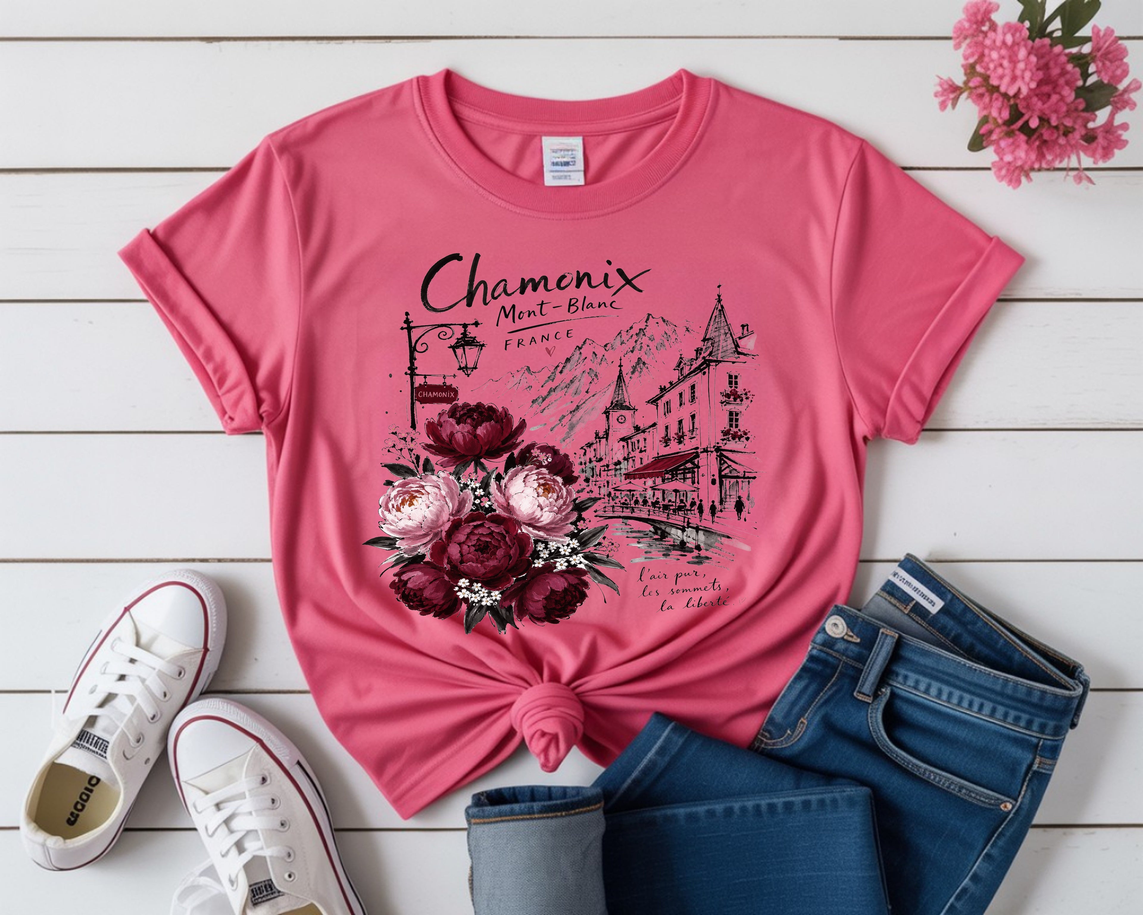 Chamonix Mont-Blanc France T-Shirt, Alpine Travel Graphic Tee, Botanical Peony Flowers Shirt, Wanderlust Gift for Her, Aesthetic Nature Top