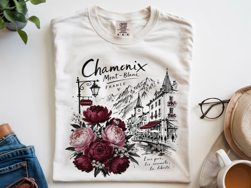 Chamonix Mont-Blanc France T-Shirt, Alpine Travel Graphic Tee, Botanical Peony Flowers Shirt, Wanderlust Gift for Her, Aesthetic Nature Top