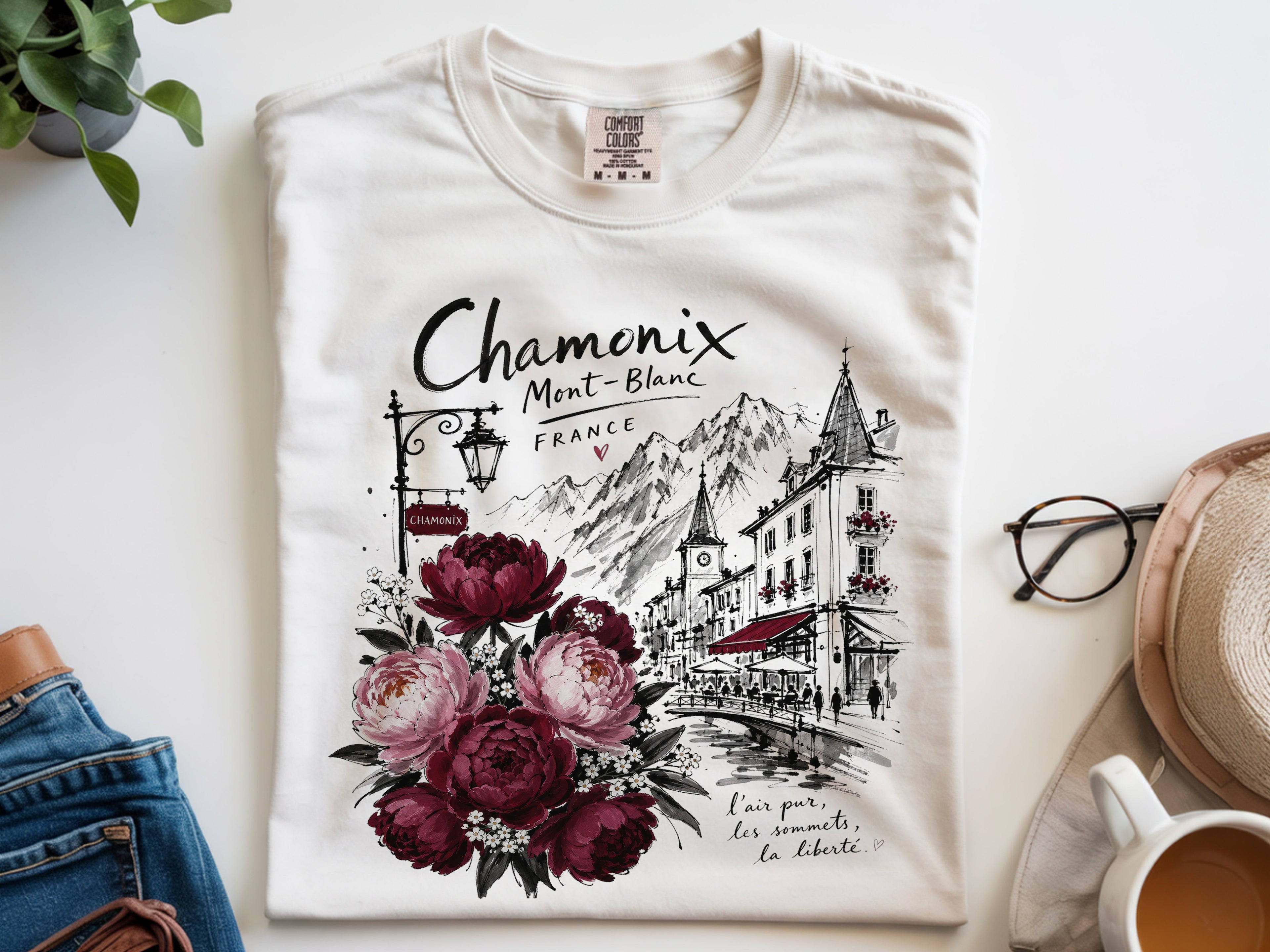 Chamonix Mont-Blanc France T-Shirt, Alpine Travel Graphic Tee, Botanical Peony Flowers Shirt, Wanderlust Gift for Her, Aesthetic Nature Top