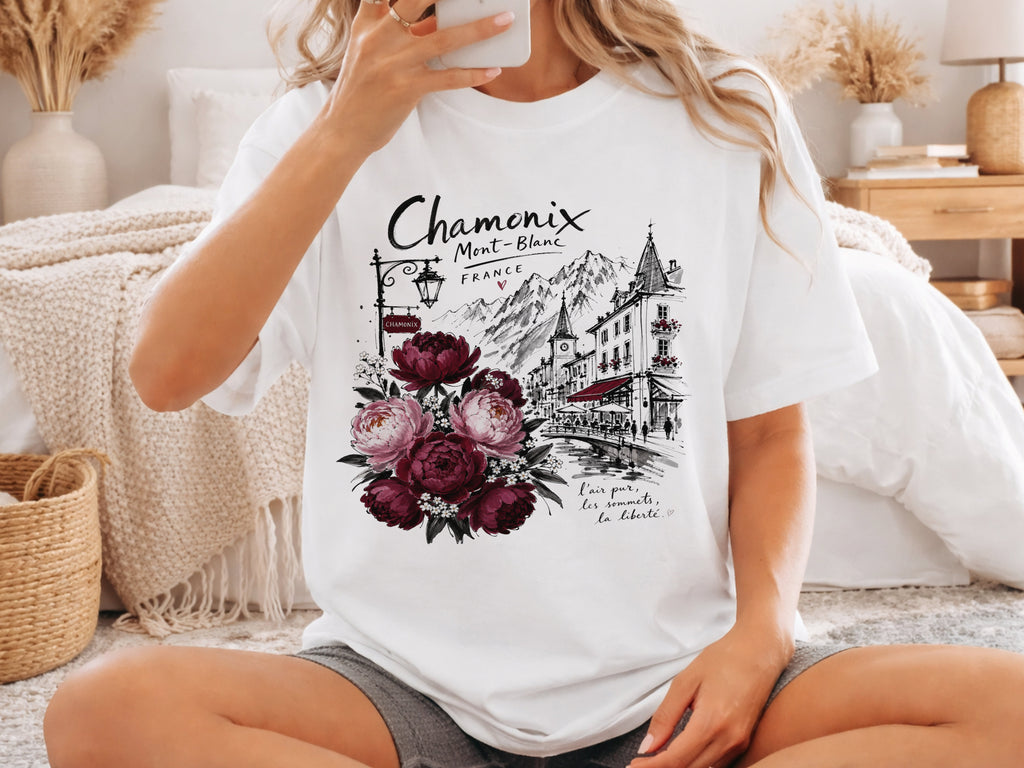 Chamonix Mont-Blanc France T-Shirt, Alpine Travel Graphic Tee, Botanical Peony Flowers Shirt, Wanderlust Gift for Her, Aesthetic Nature Top