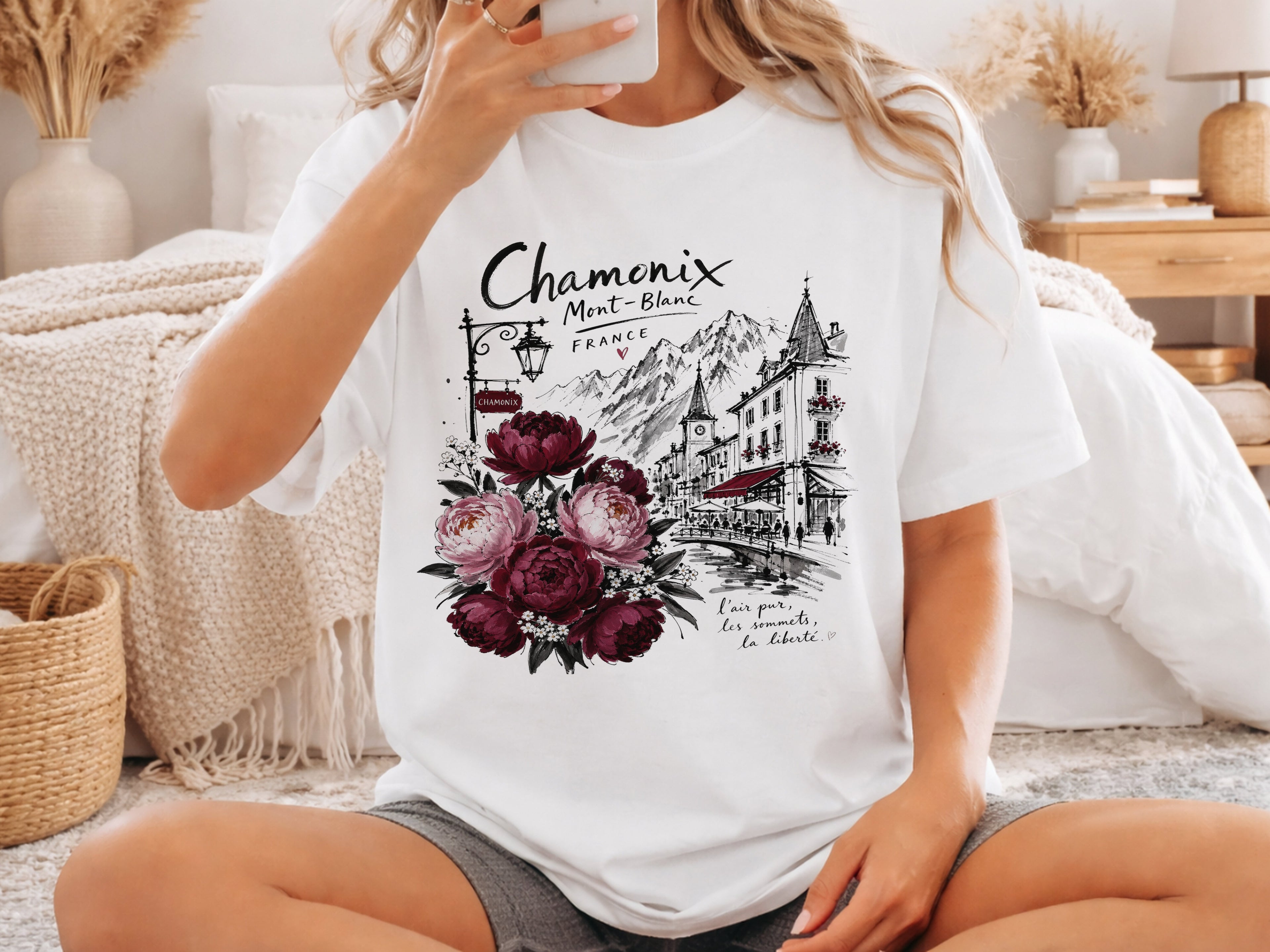 Chamonix Mont-Blanc France T-Shirt, Alpine Travel Graphic Tee, Botanical Peony Flowers Shirt, Wanderlust Gift for Her, Aesthetic Nature Top