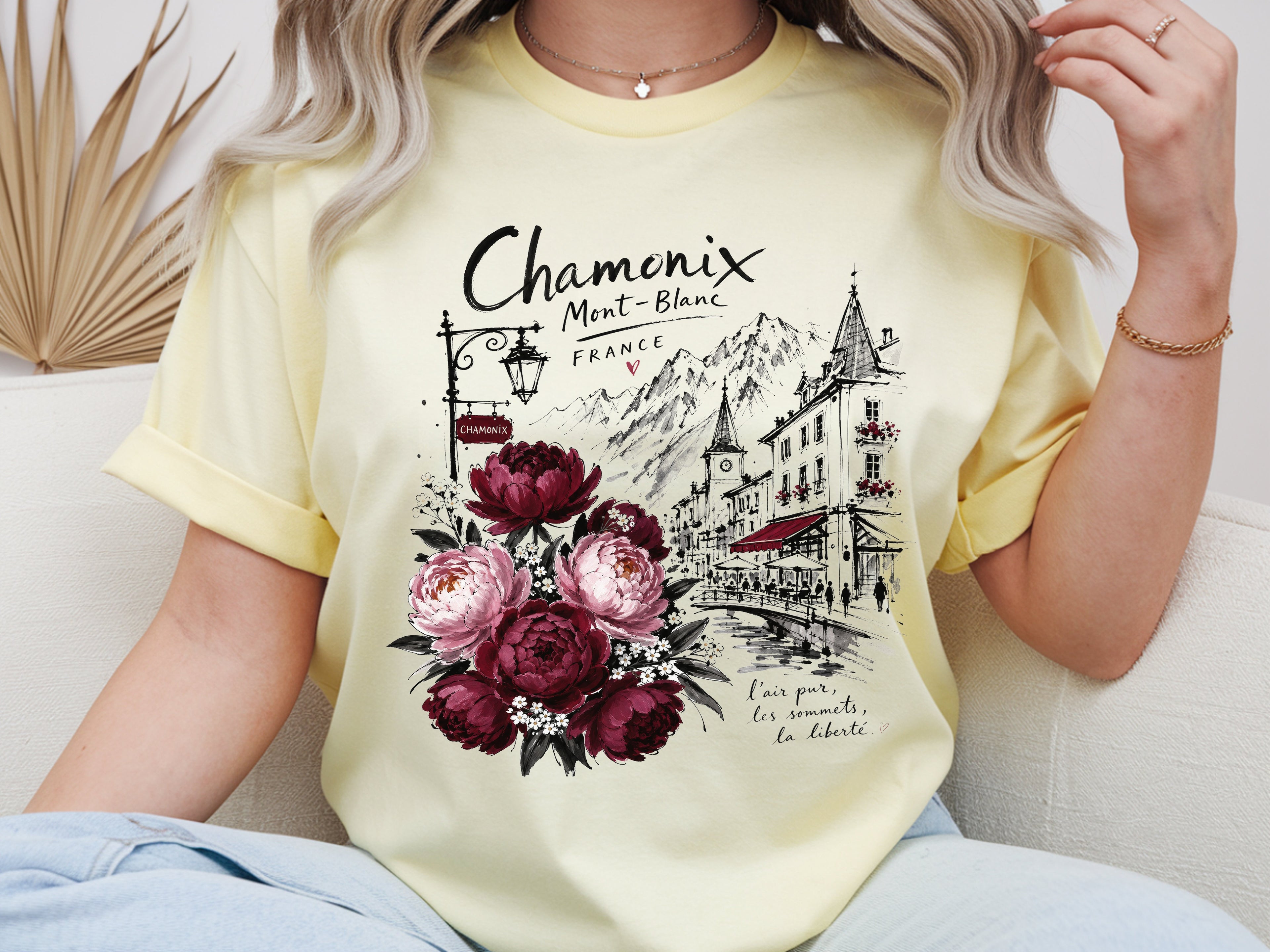 Chamonix Mont-Blanc France T-Shirt, Alpine Travel Graphic Tee, Botanical Peony Flowers Shirt, Wanderlust Gift for Her, Aesthetic Nature Top