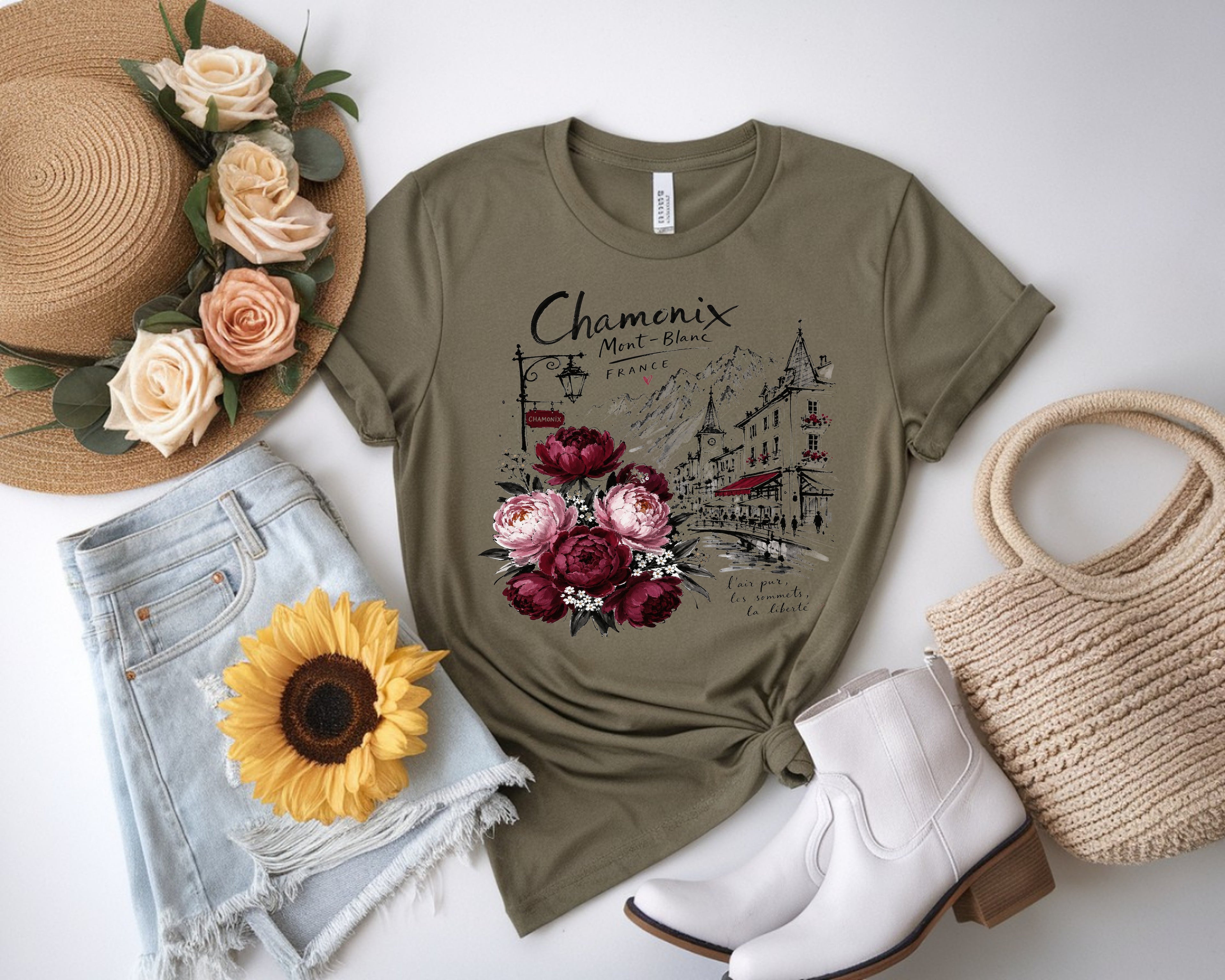 Chamonix Mont-Blanc France T-Shirt, Alpine Travel Graphic Tee, Botanical Peony Flowers Shirt, Wanderlust Gift for Her, Aesthetic Nature Top