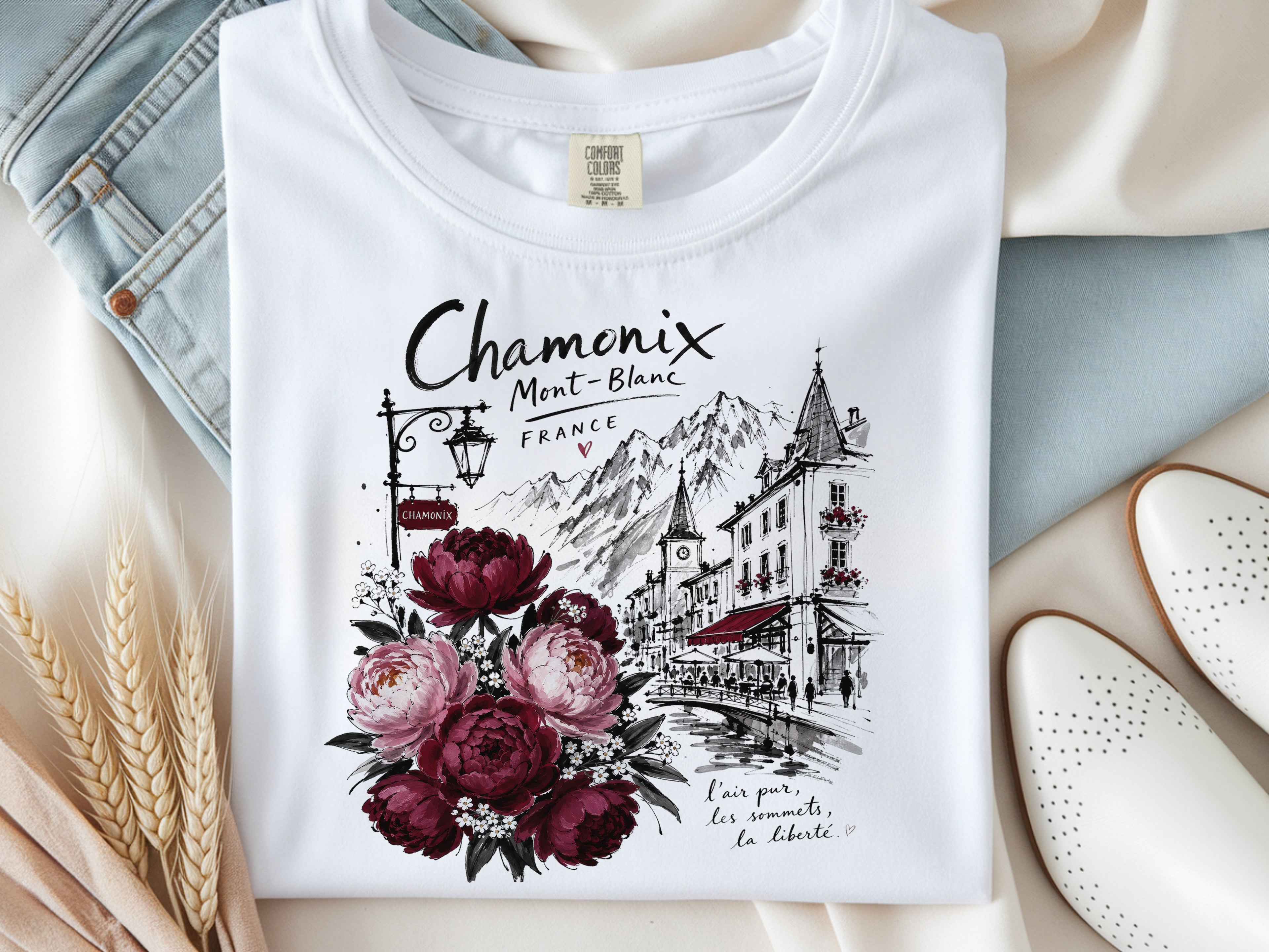 Chamonix Mont-Blanc France T-Shirt, Alpine Travel Graphic Tee, Botanical Peony Flowers Shirt, Wanderlust Gift for Her, Aesthetic Nature Top