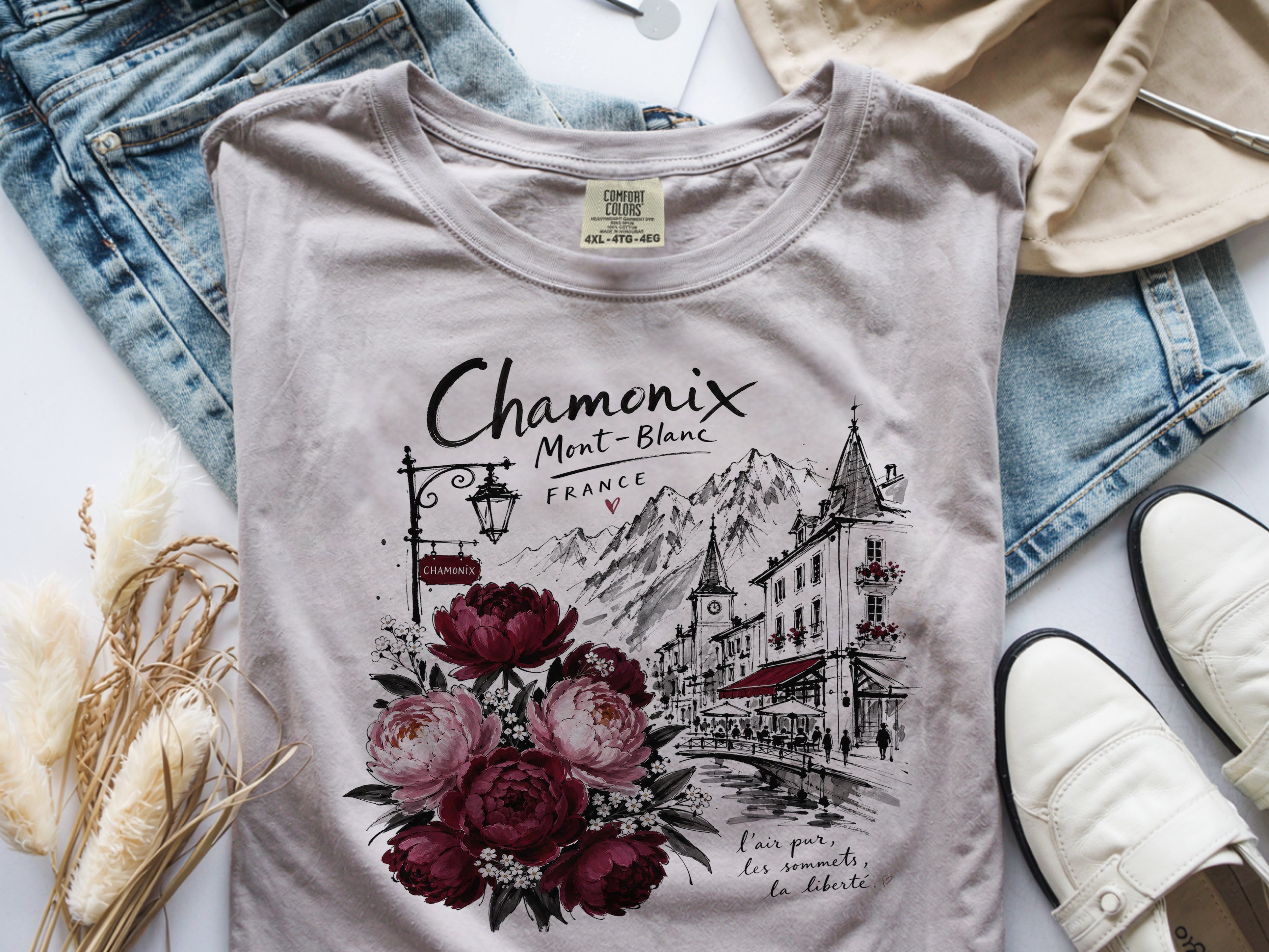 Chamonix Mont-Blanc France T-Shirt, Alpine Travel Graphic Tee, Botanical Peony Flowers Shirt, Wanderlust Gift for Her, Aesthetic Nature Top