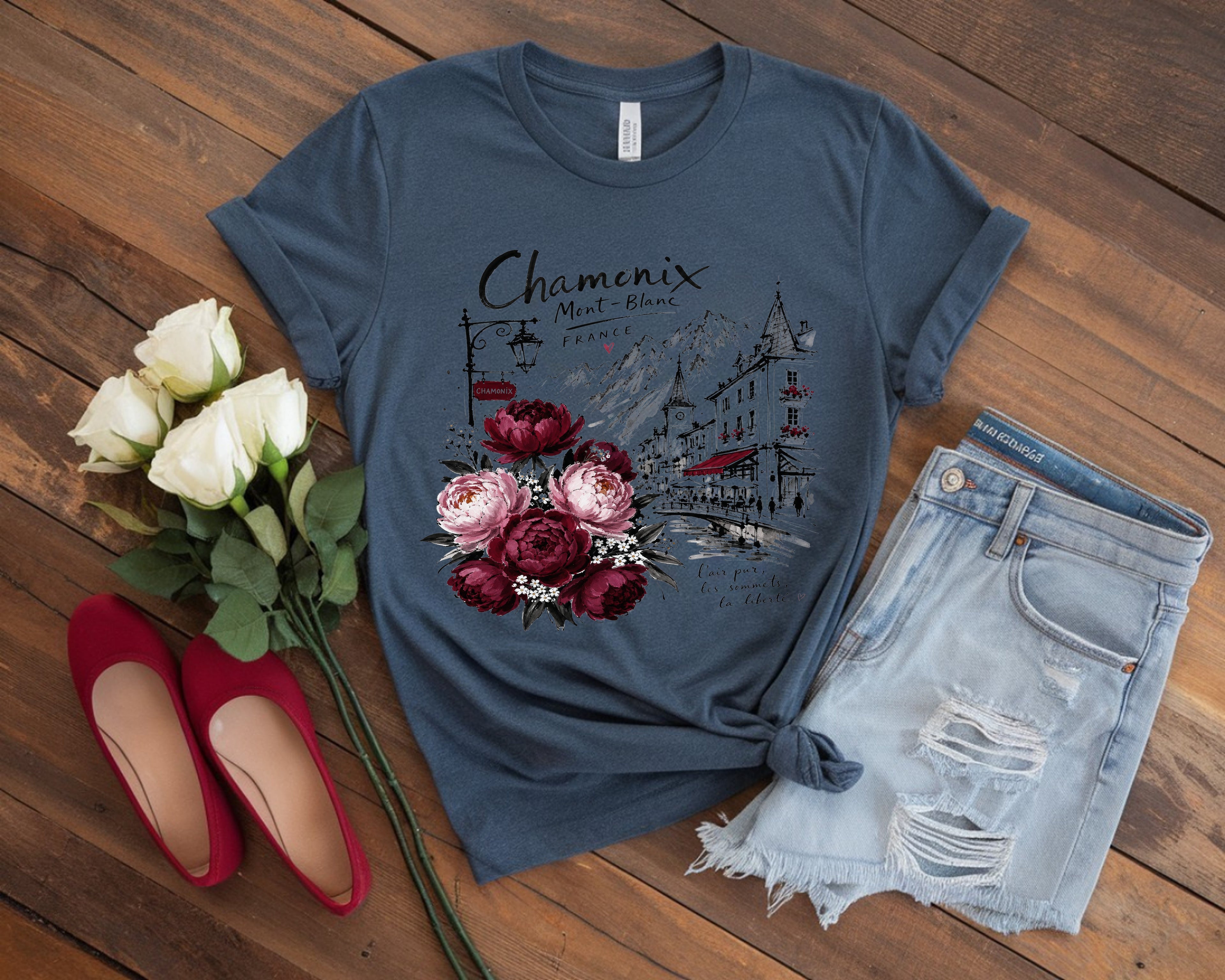 Chamonix Mont-Blanc France T-Shirt, Alpine Travel Graphic Tee, Botanical Peony Flowers Shirt, Wanderlust Gift for Her, Aesthetic Nature Top