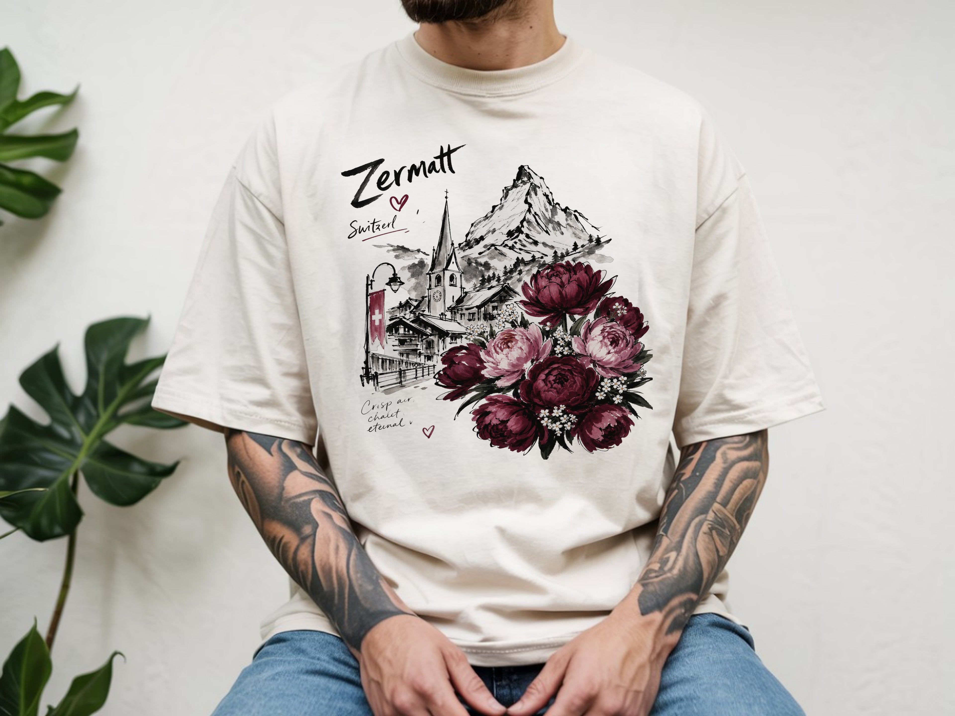 Zermatt Switzerland T-shirt, Matterhorn Mountain Tee, Swiss Alps Floral Shirt, Peony Flower Graphic Tee, Travel Vacation Gift for Her, Unise