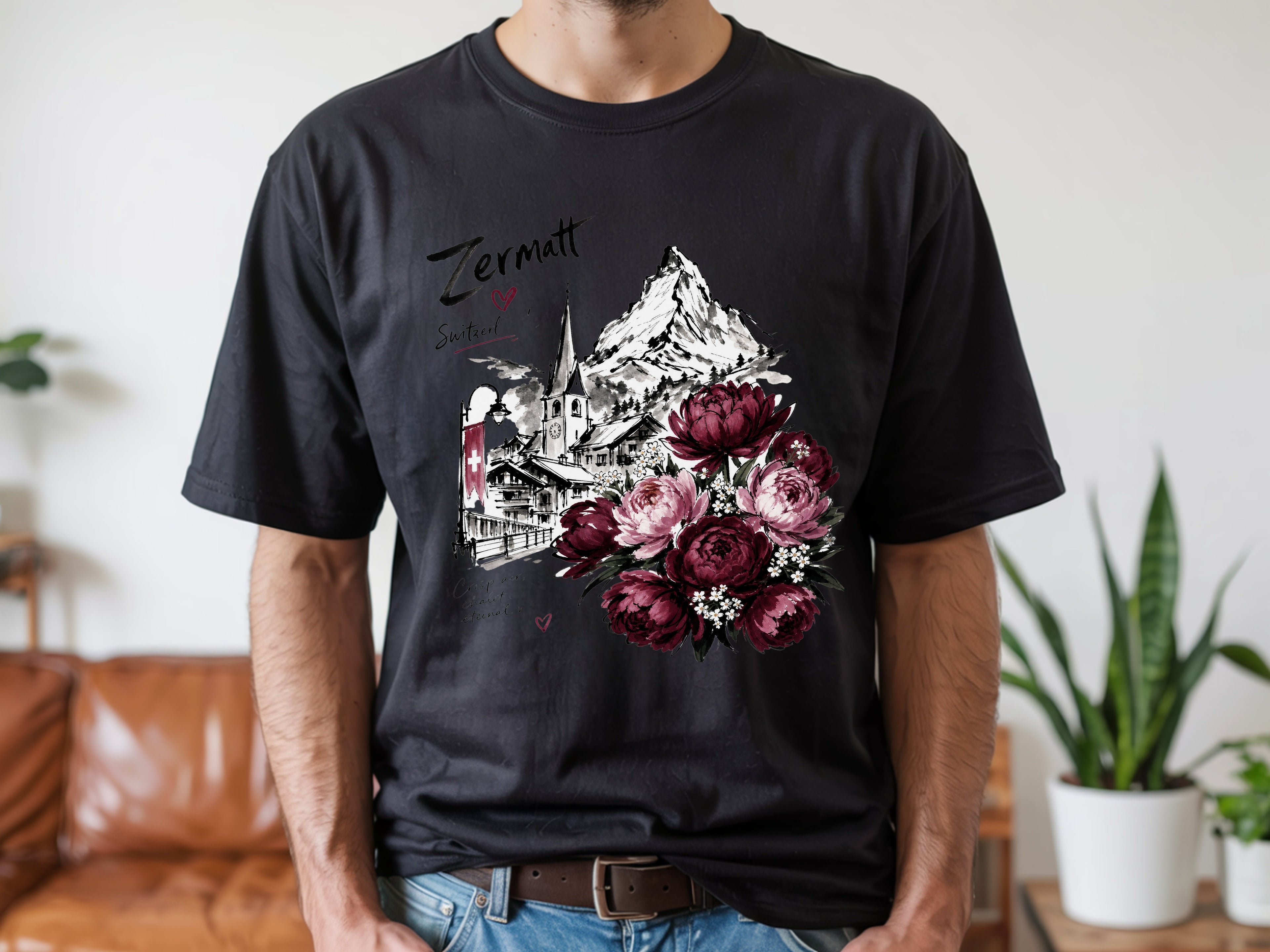 Zermatt Switzerland T-shirt, Matterhorn Mountain Tee, Swiss Alps Floral Shirt, Peony Flower Graphic Tee, Travel Vacation Gift for Her, Unise