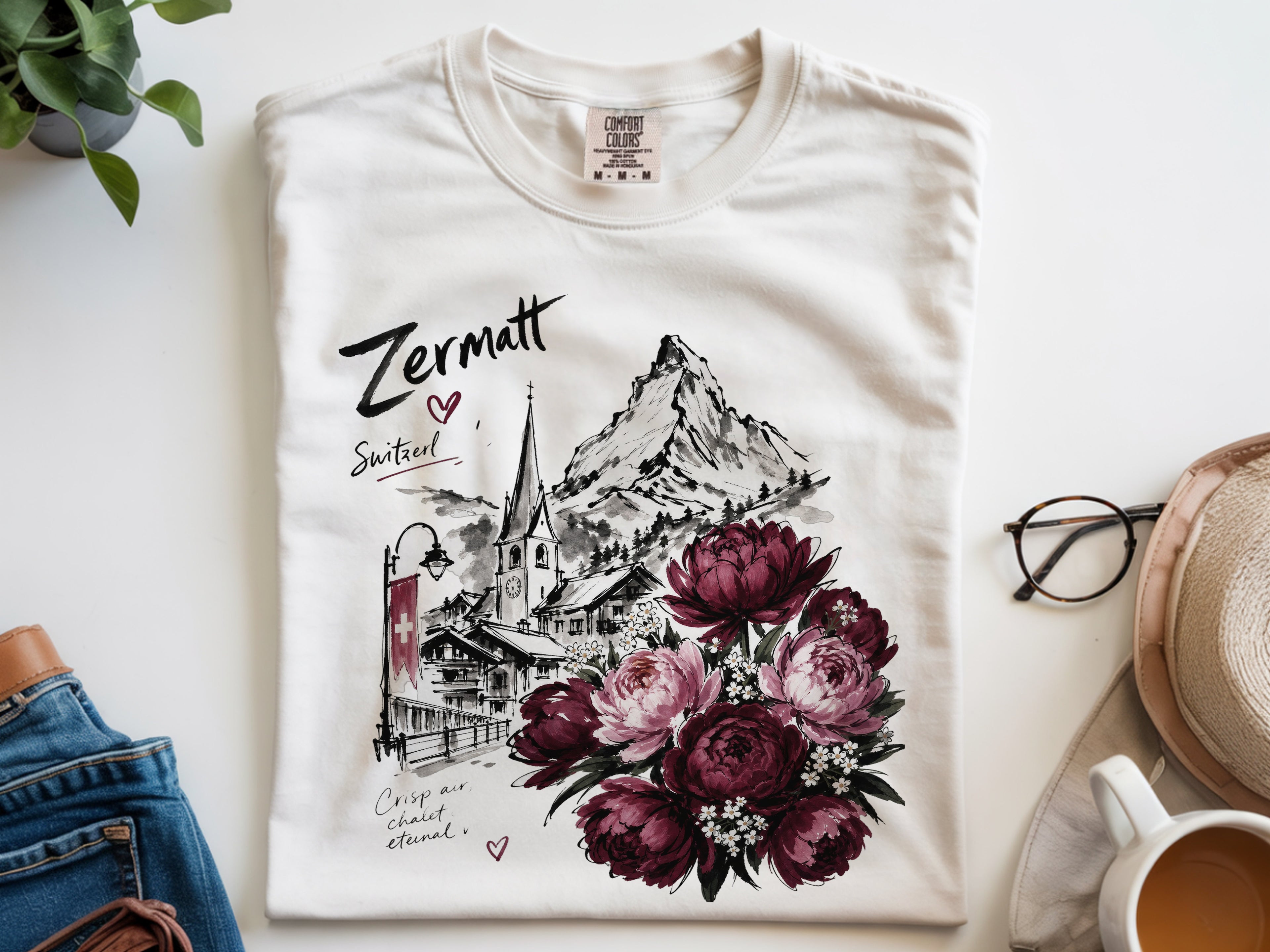 Zermatt Switzerland T-shirt, Matterhorn Mountain Tee, Swiss Alps Floral Shirt, Peony Flower Graphic Tee, Travel Vacation Gift for Her, Unise