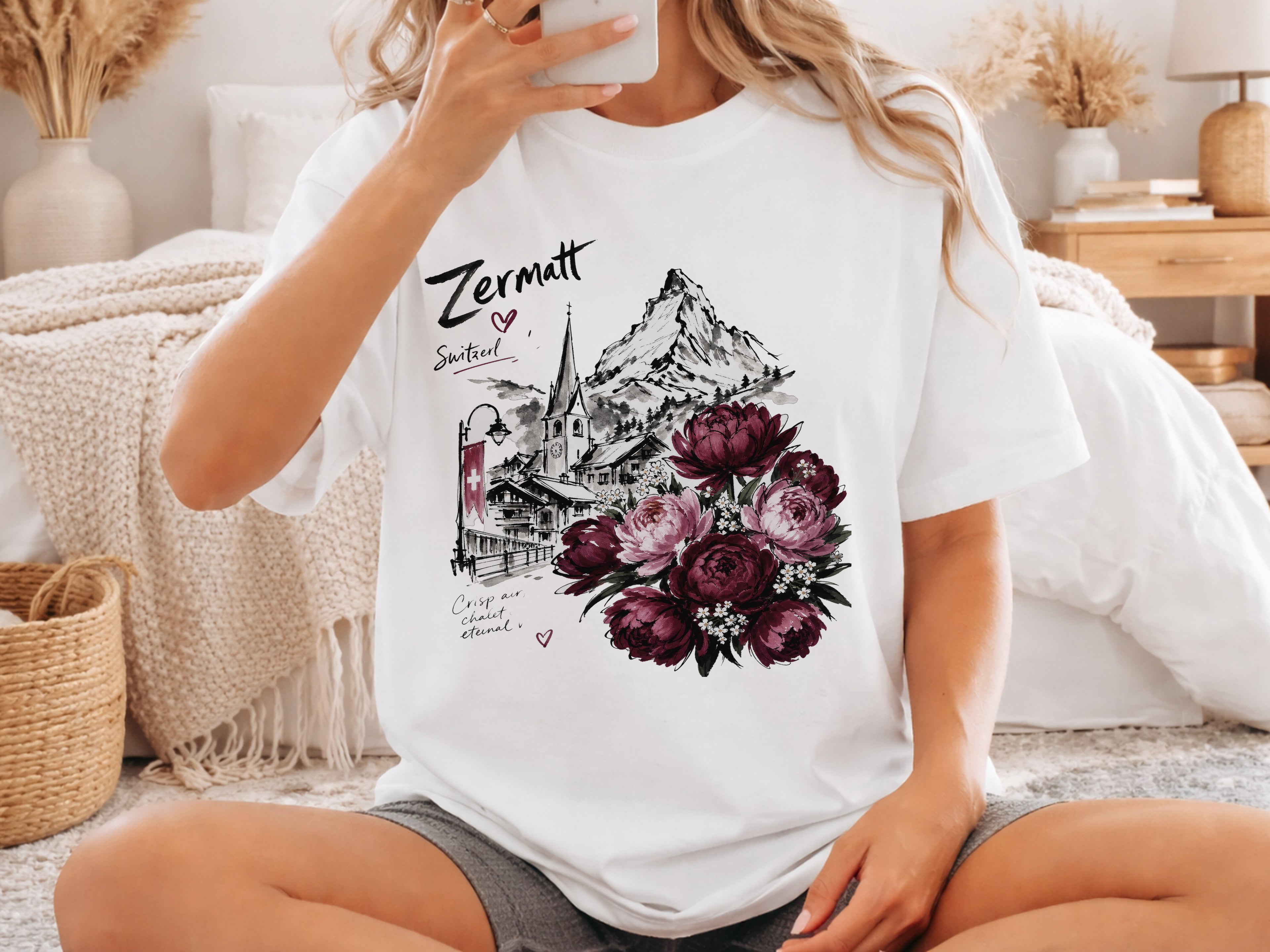 Zermatt Switzerland T-shirt, Matterhorn Mountain Tee, Swiss Alps Floral Shirt, Peony Flower Graphic Tee, Travel Vacation Gift for Her, Unise