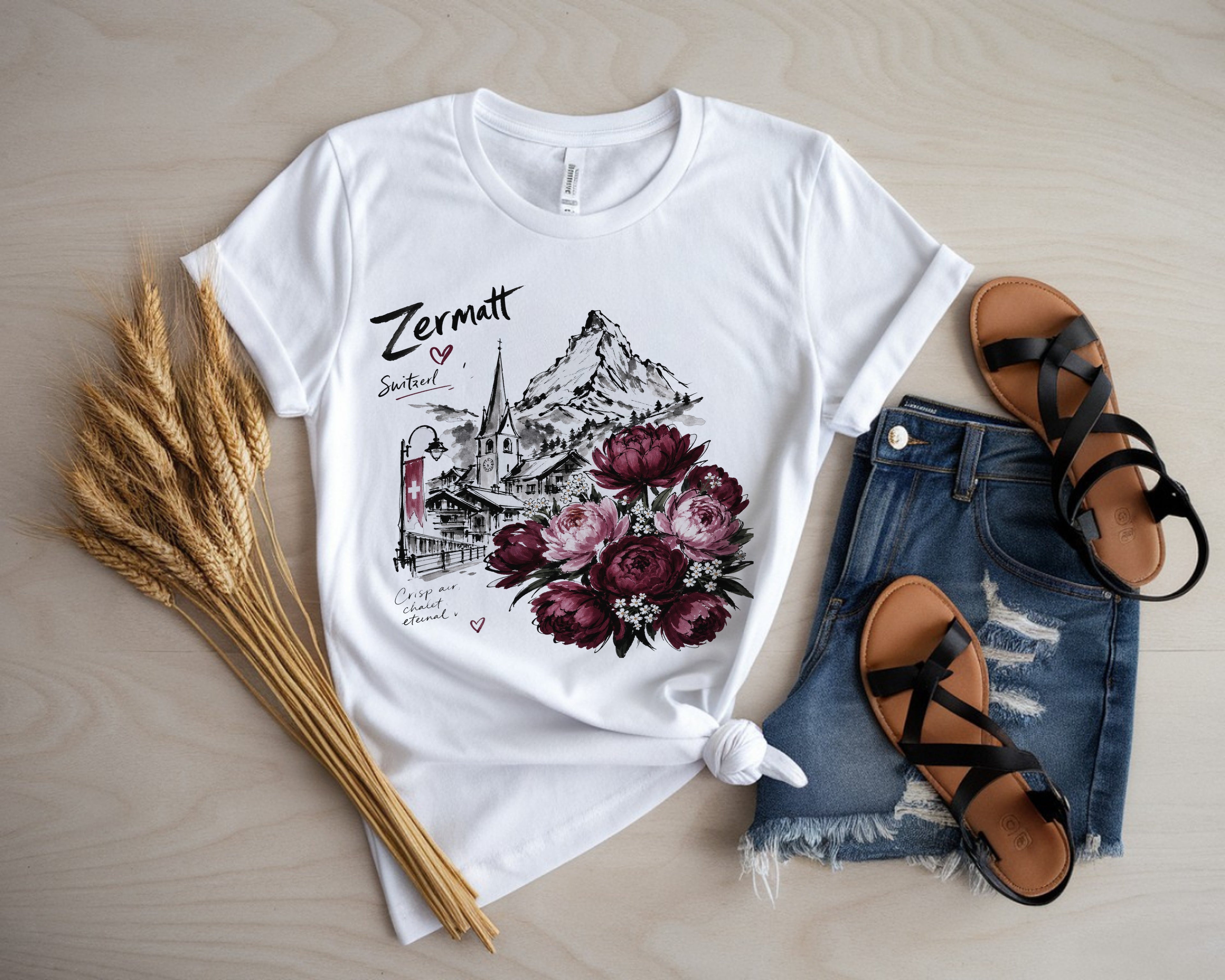 Zermatt Switzerland T-shirt, Matterhorn Mountain Tee, Swiss Alps Floral Shirt, Peony Flower Graphic Tee, Travel Vacation Gift for Her, Unise