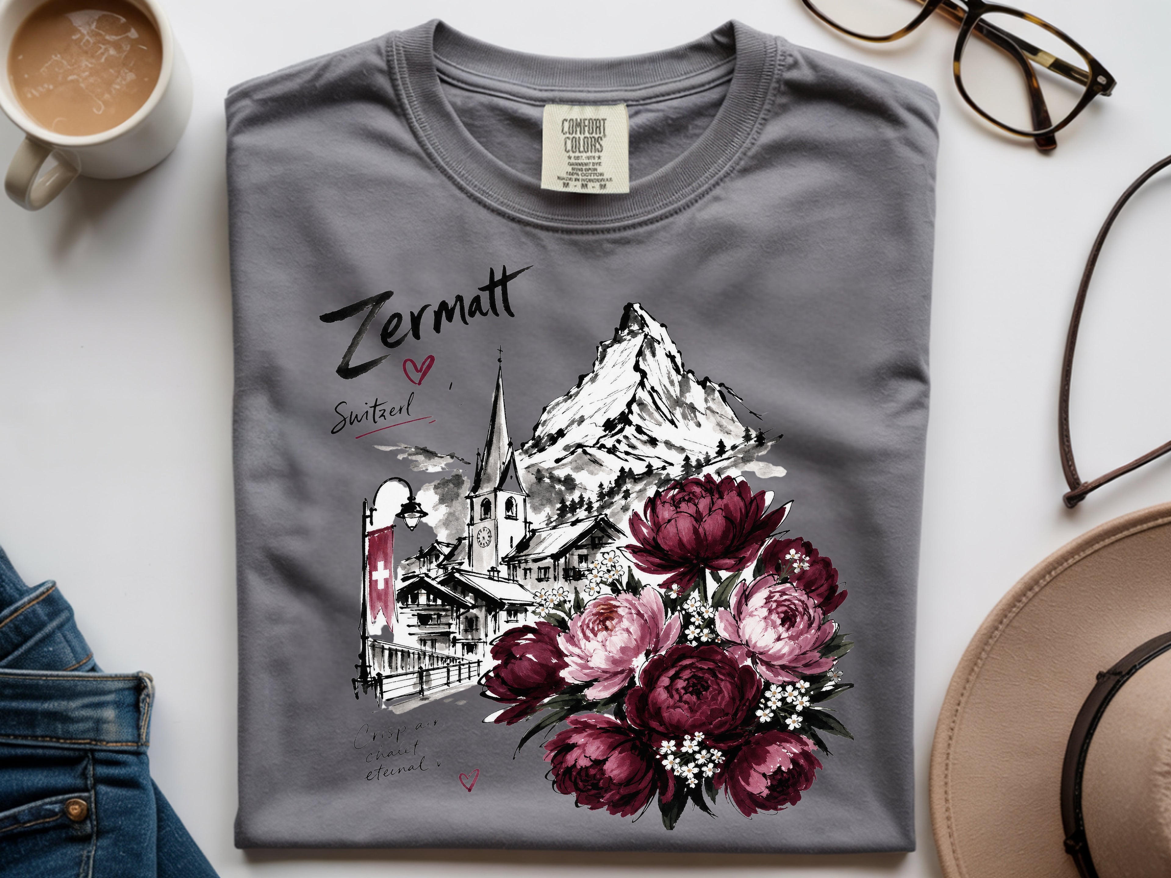 Zermatt Switzerland T-shirt, Matterhorn Mountain Tee, Swiss Alps Floral Shirt, Peony Flower Graphic Tee, Travel Vacation Gift for Her, Unise