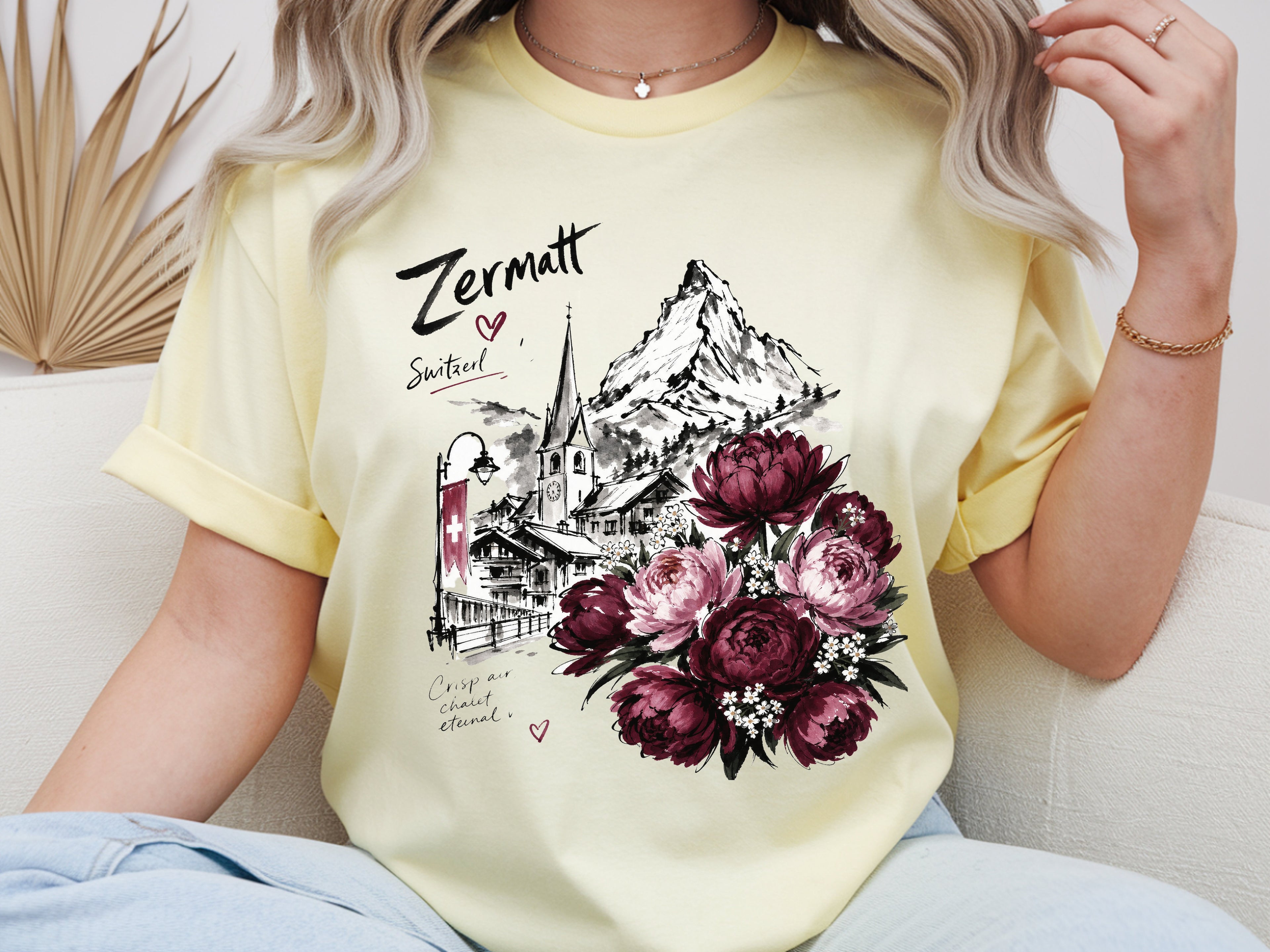 Zermatt Switzerland T-shirt, Matterhorn Mountain Tee, Swiss Alps Floral Shirt, Peony Flower Graphic Tee, Travel Vacation Gift for Her, Unise
