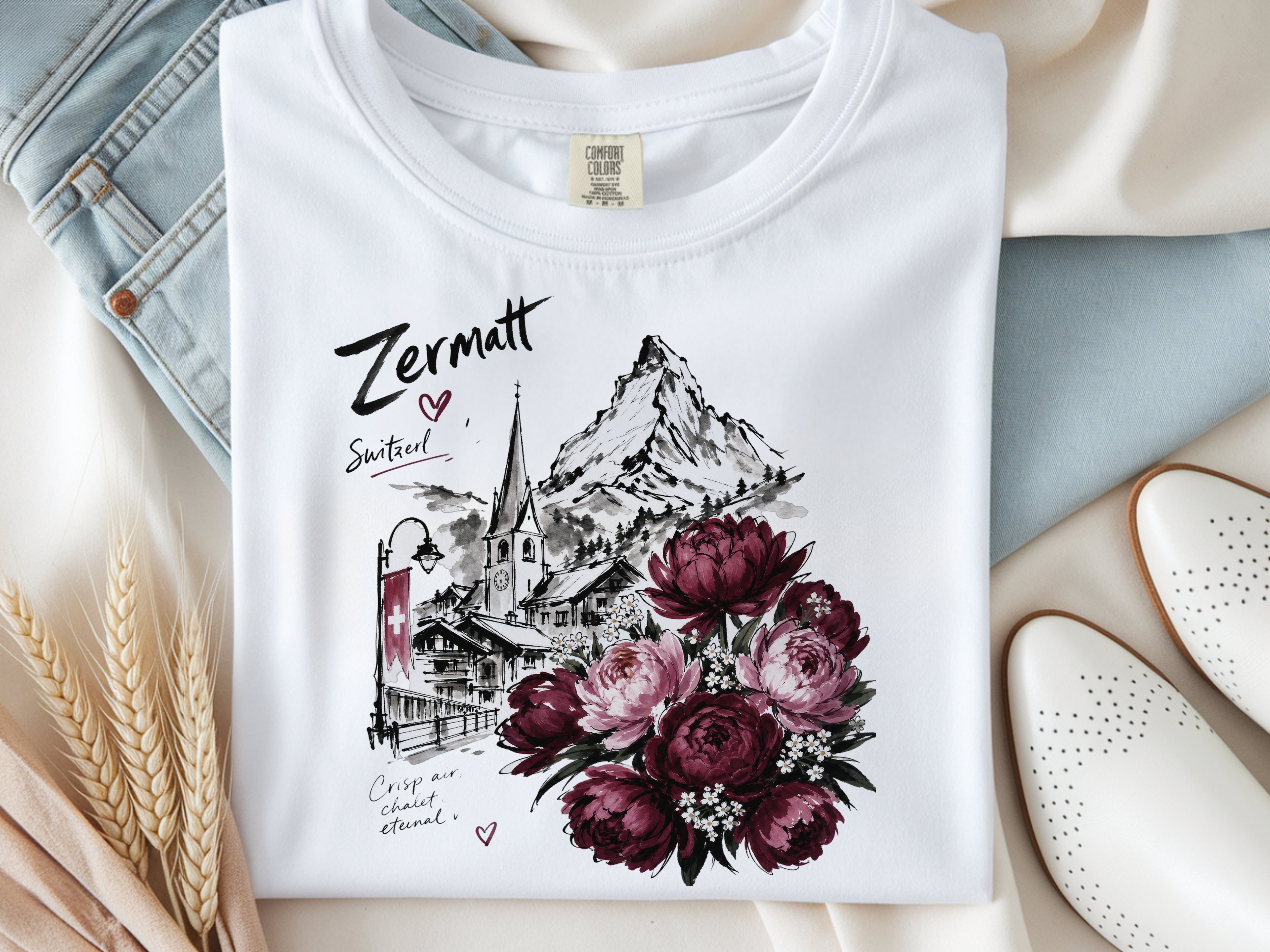 Zermatt Switzerland T-shirt, Matterhorn Mountain Tee, Swiss Alps Floral Shirt, Peony Flower Graphic Tee, Travel Vacation Gift for Her, Unise