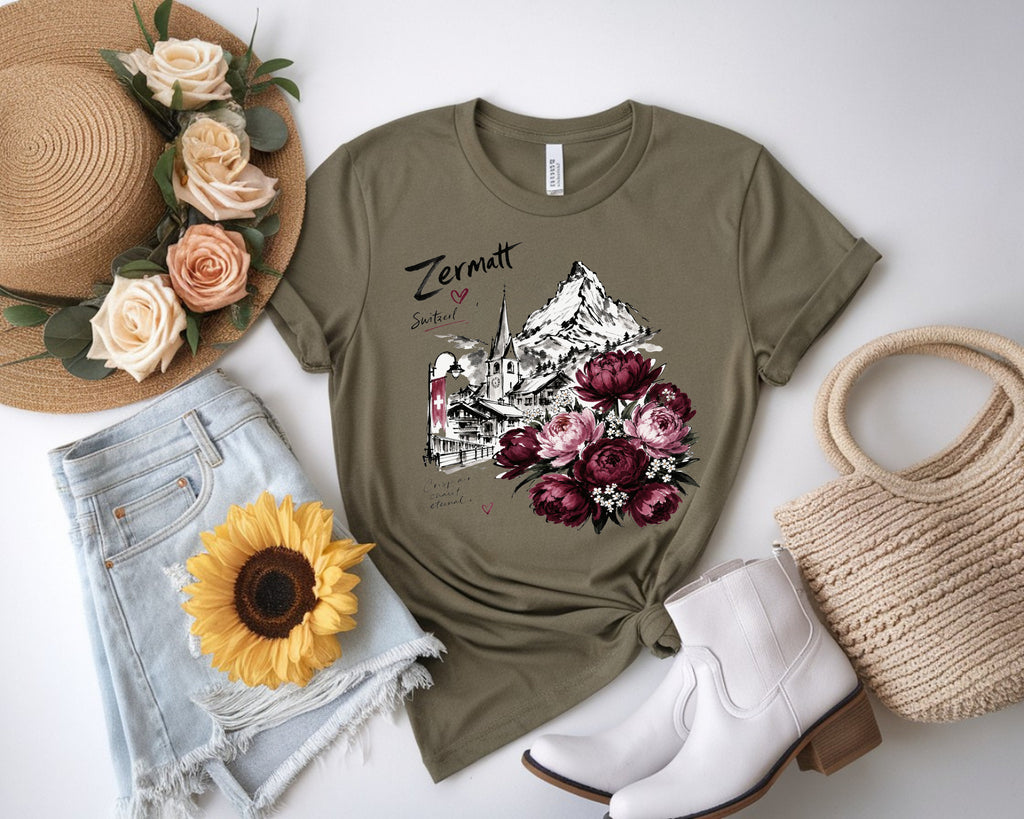 Zermatt Switzerland T-shirt, Matterhorn Mountain Tee, Swiss Alps Floral Shirt, Peony Flower Graphic Tee, Travel Vacation Gift for Her, Unise