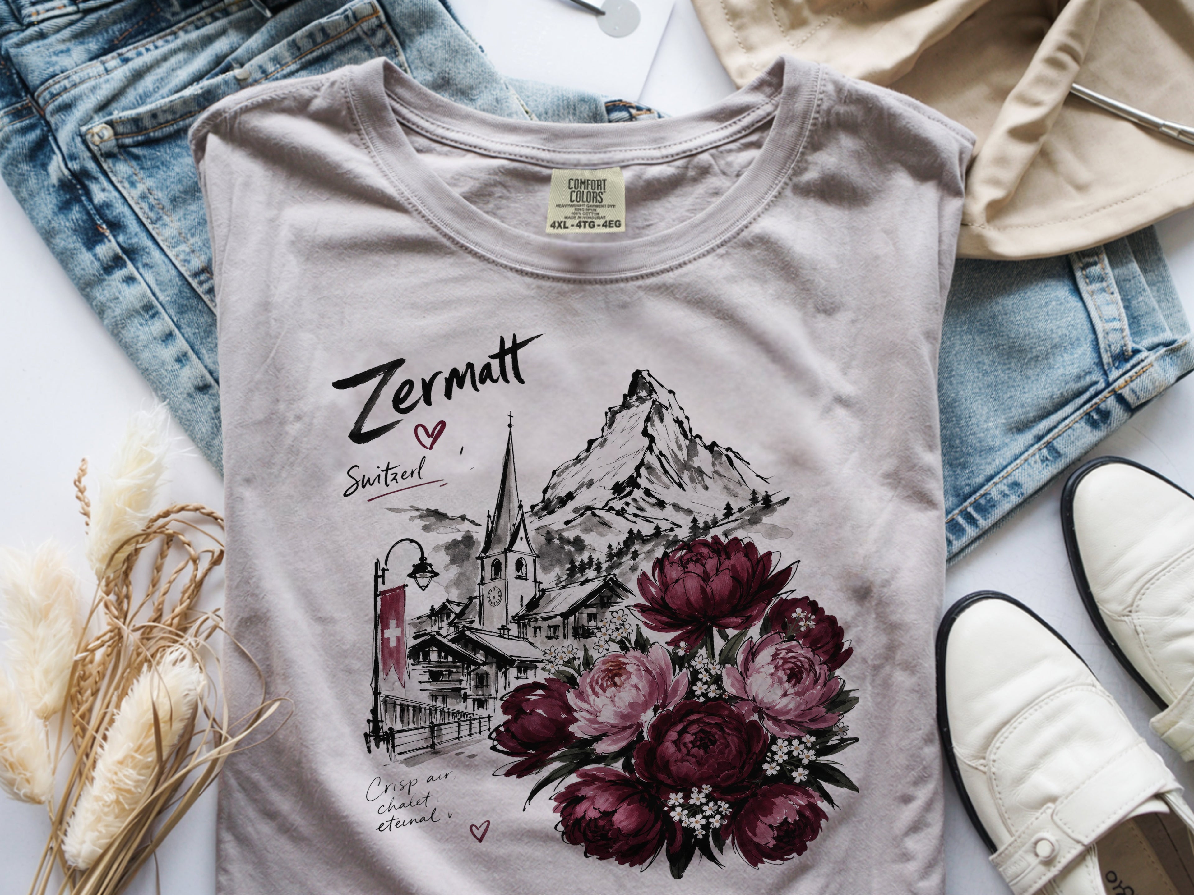Zermatt Switzerland T-shirt, Matterhorn Mountain Tee, Swiss Alps Floral Shirt, Peony Flower Graphic Tee, Travel Vacation Gift for Her, Unise
