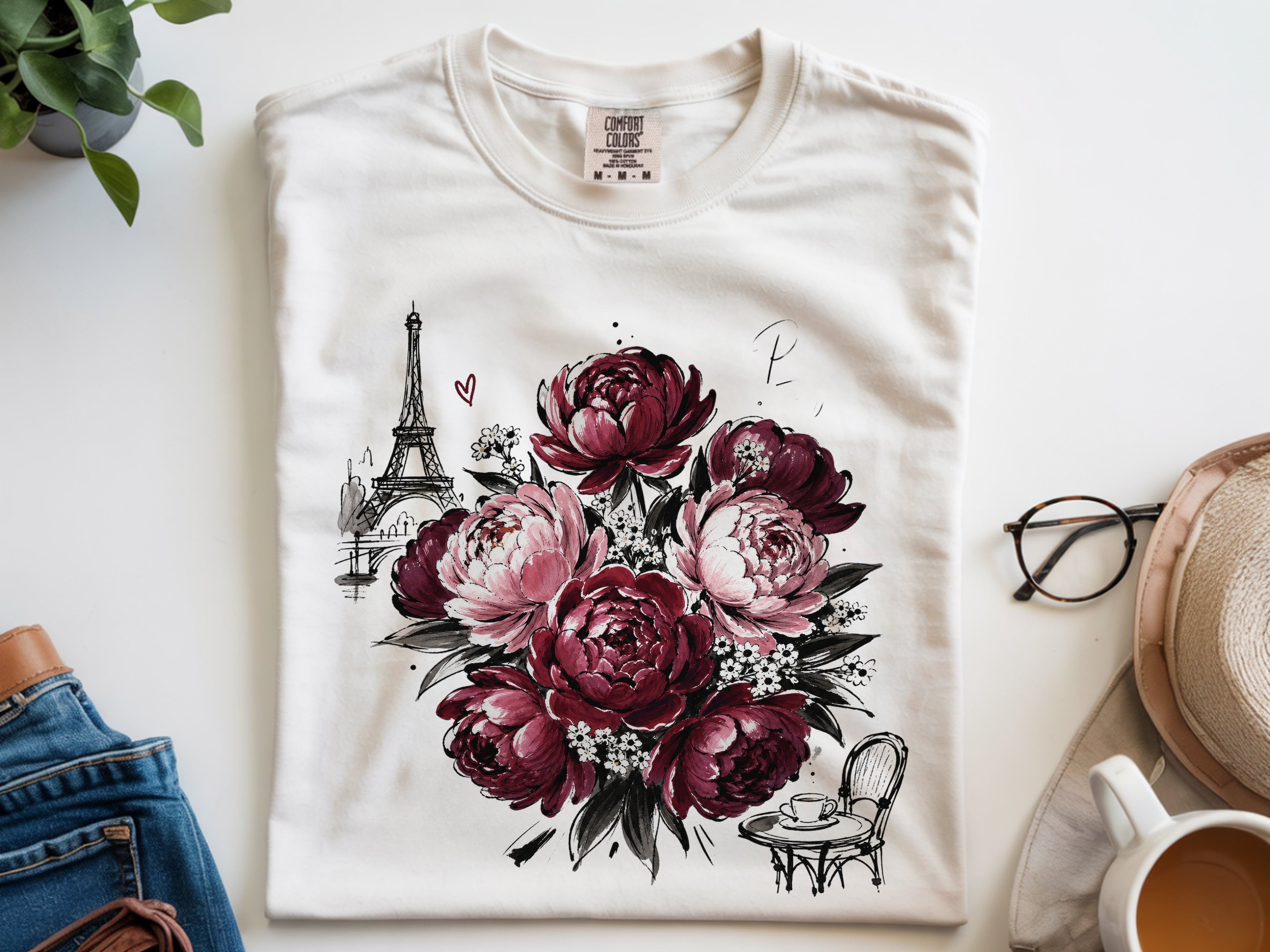 Comfort Colors Peony T-Shirt, Paris Eiffel Tower Floral Tee, Botanical Flower Graphic Shirt, French Romantic Gift For Her, Garment Dyed Unis