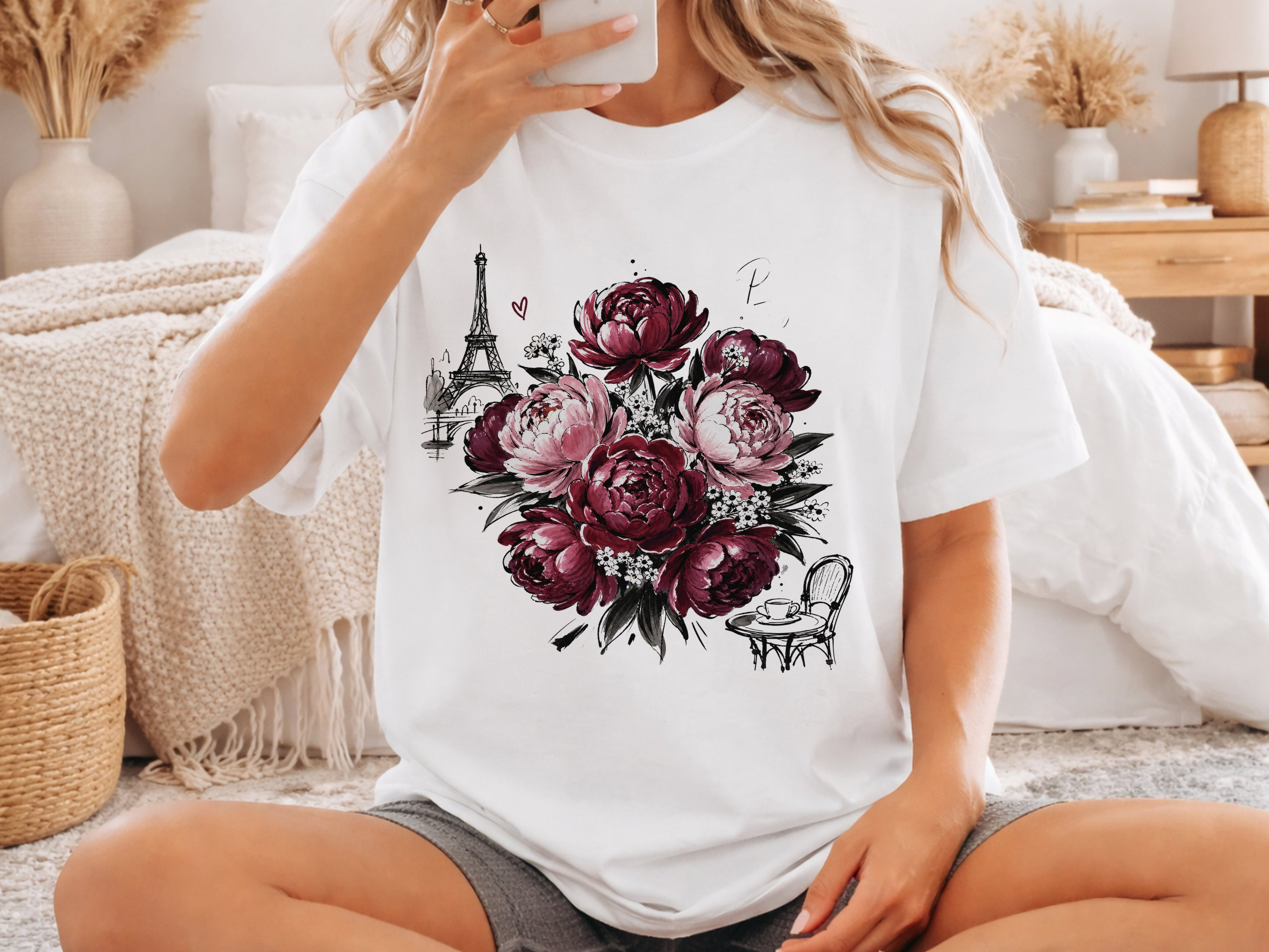 Comfort Colors Peony T-Shirt, Paris Eiffel Tower Floral Tee, Botanical Flower Graphic Shirt, French Romantic Gift For Her, Garment Dyed Unis